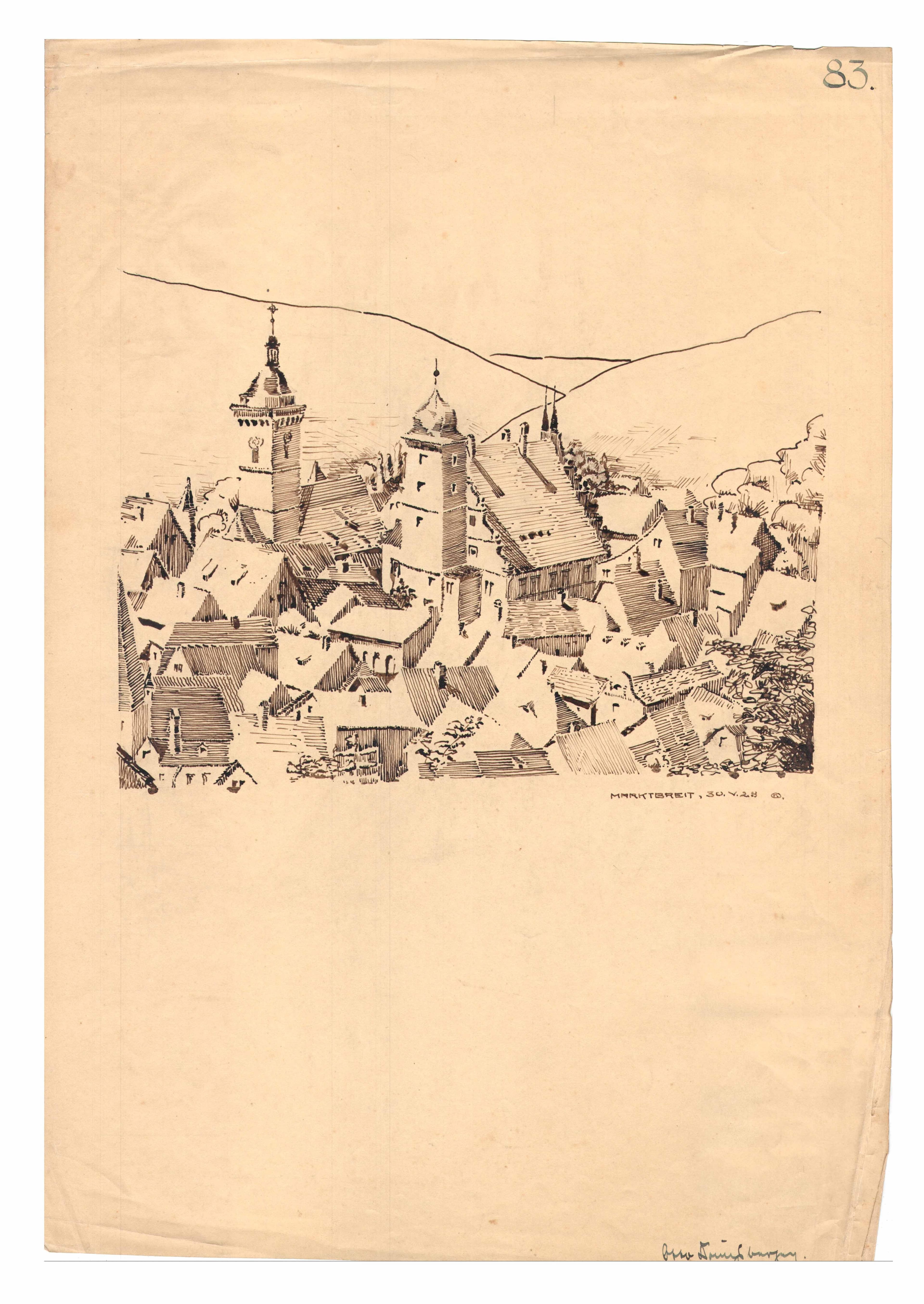 Otto Koenigsberger. Otto Koenigsberger's student drawings. Perspective sketch of Markbreit, Bavaria, 1929. Credit: AA Archives: 2012:P147
