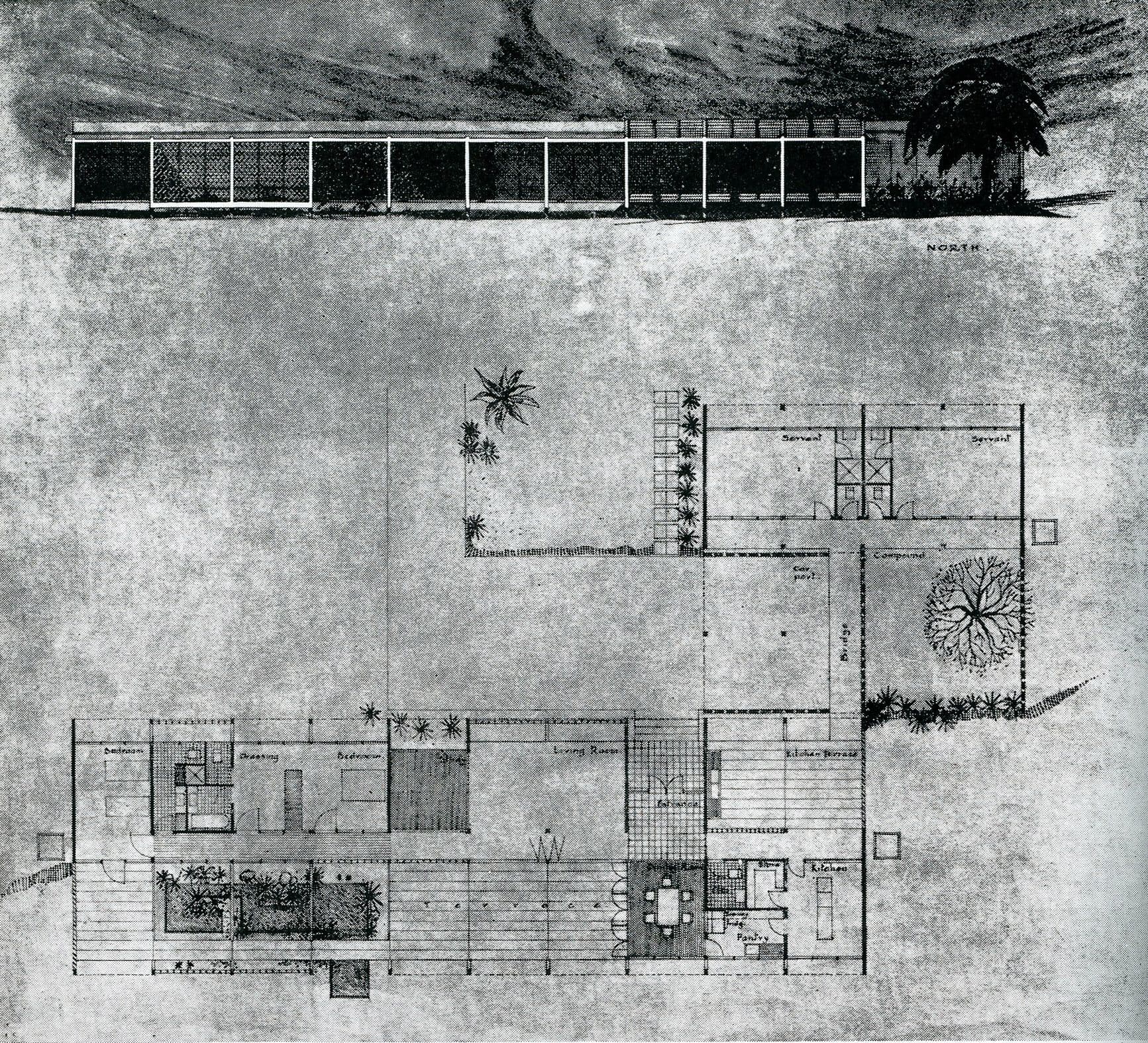 William Gillitt, 'House for a senior officer, Gold Coast,' AA Department of Tropical Architecture, Autumn Term, 1954. Elevation and plan. AA Archives