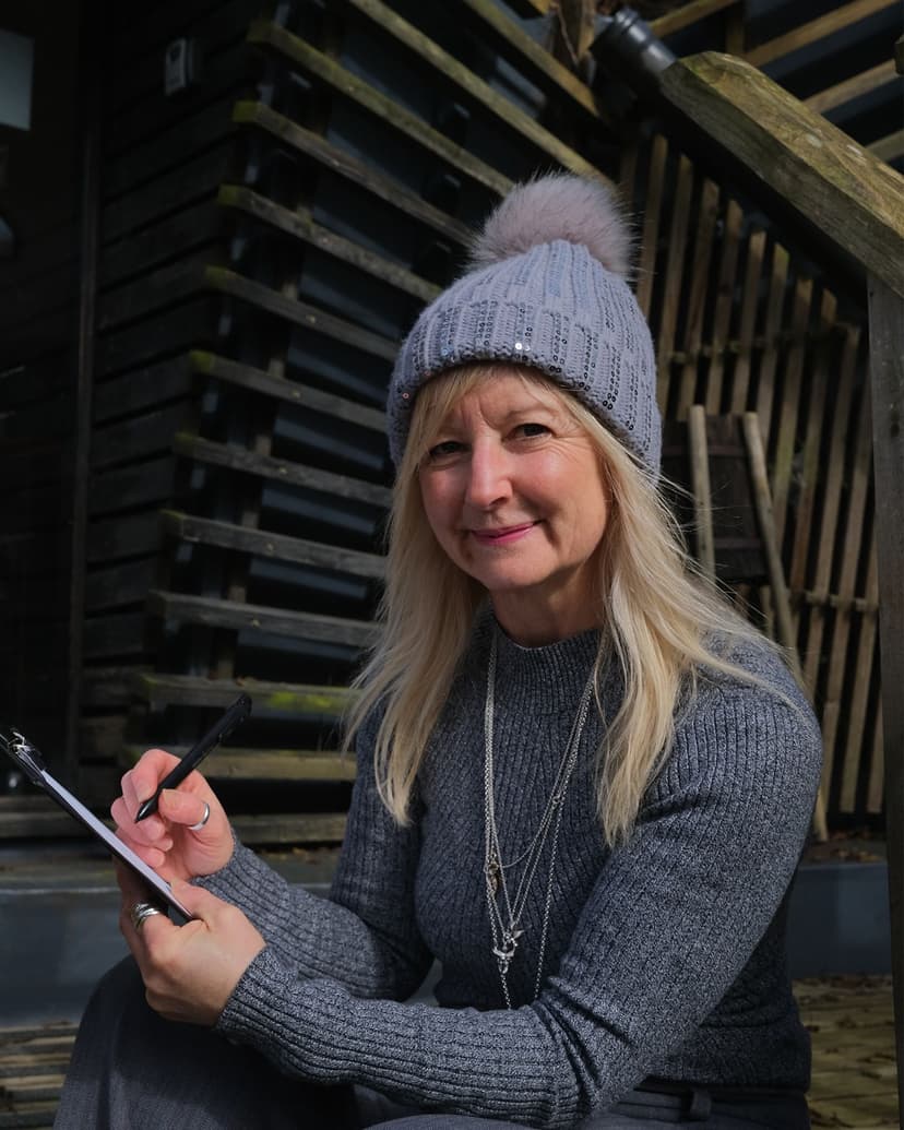 A white skinned woman with long blonde hair and wearing a bobble hat.