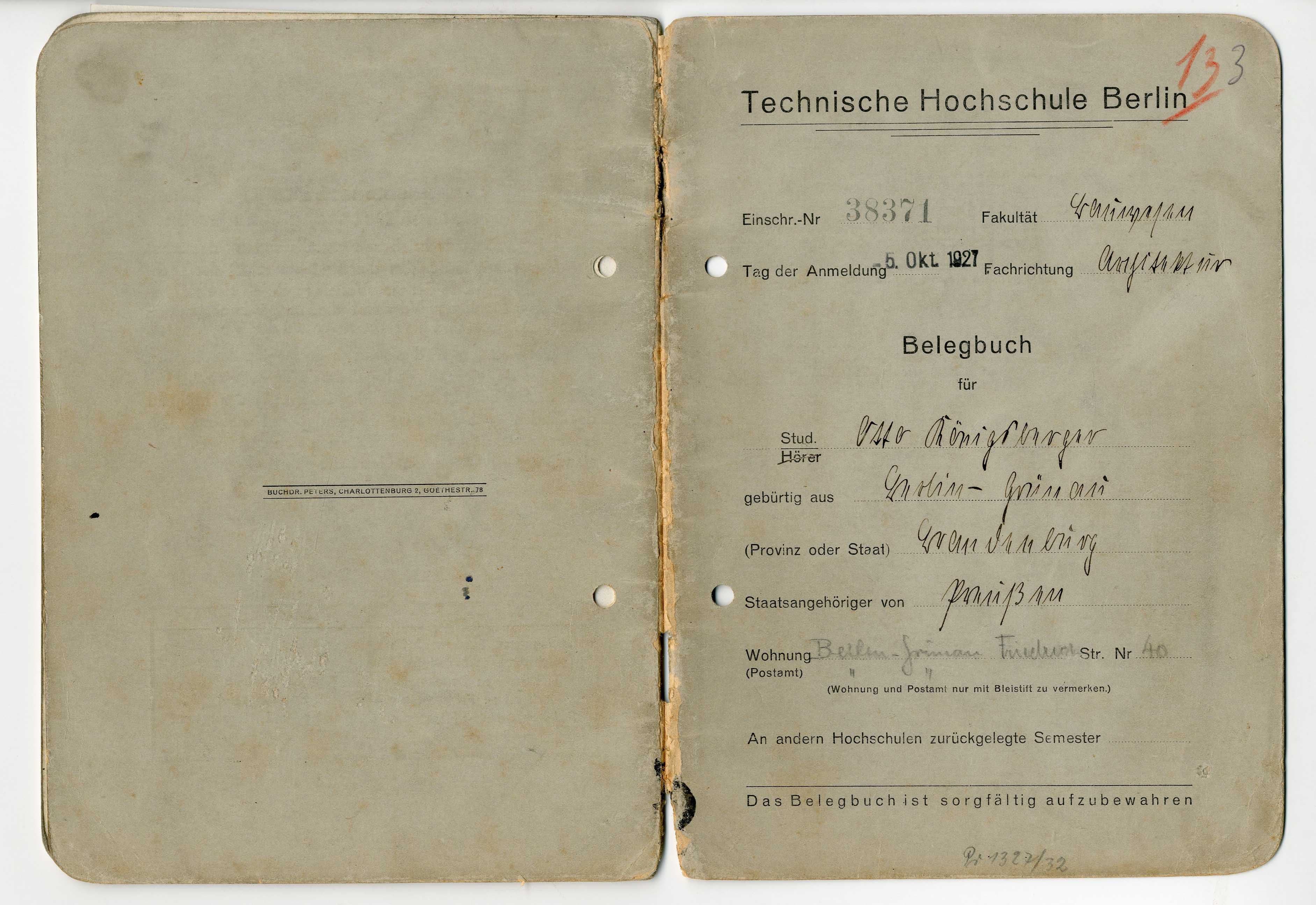 Otto Koenigsberger. Belegbuch for Otto Koenigsberger, Technische Hochschule, Berlin, 1927-1929. Credit: AA Archives: OK4