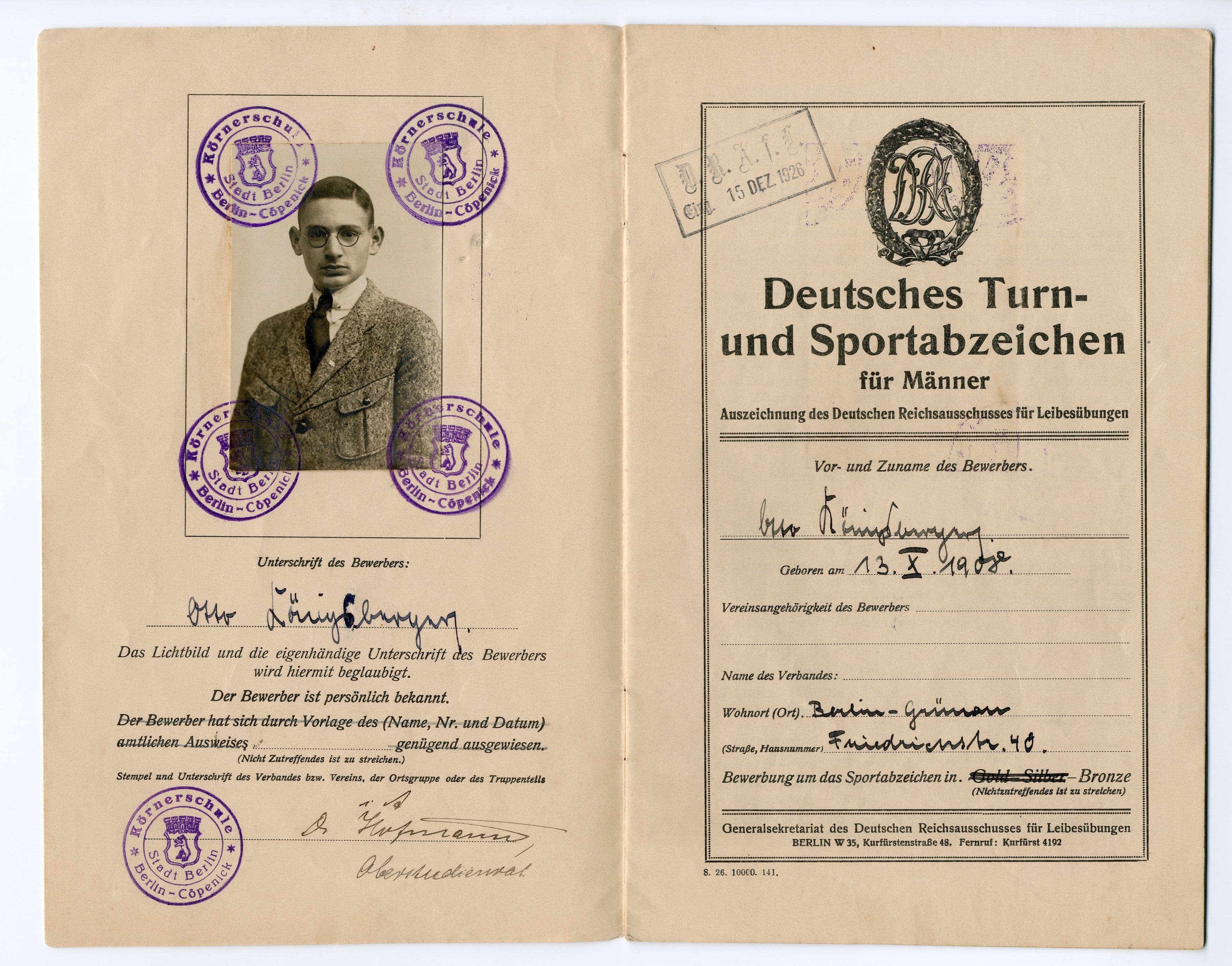 Otto Koenigsberger. Deutsches Turnund Sportabzeichen certification, 1926. AA Archives: OK 4.