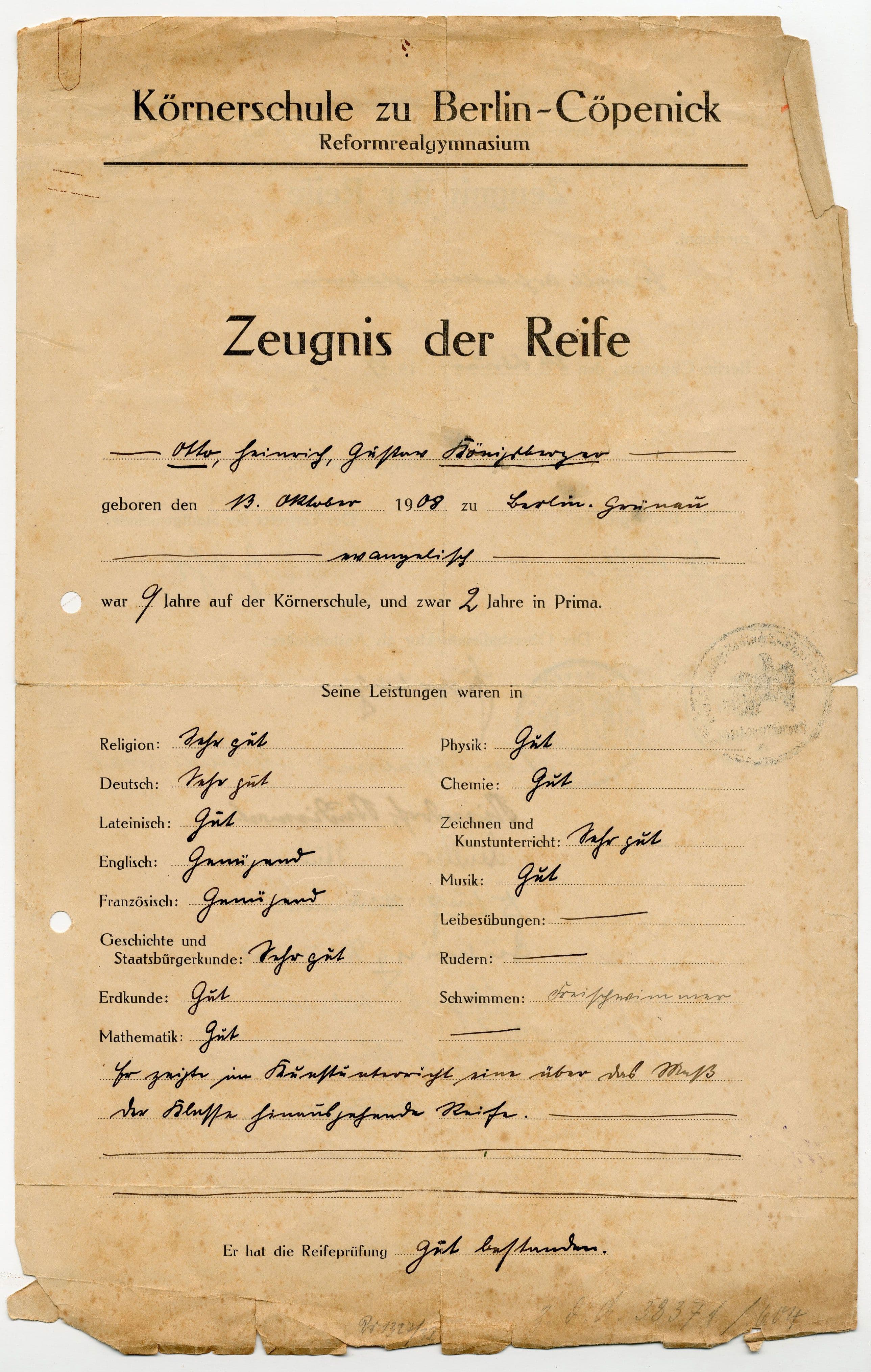 Otto Koenigsberger. Secondary School Certificates, February 1927. Credit: AA Archives: OK4