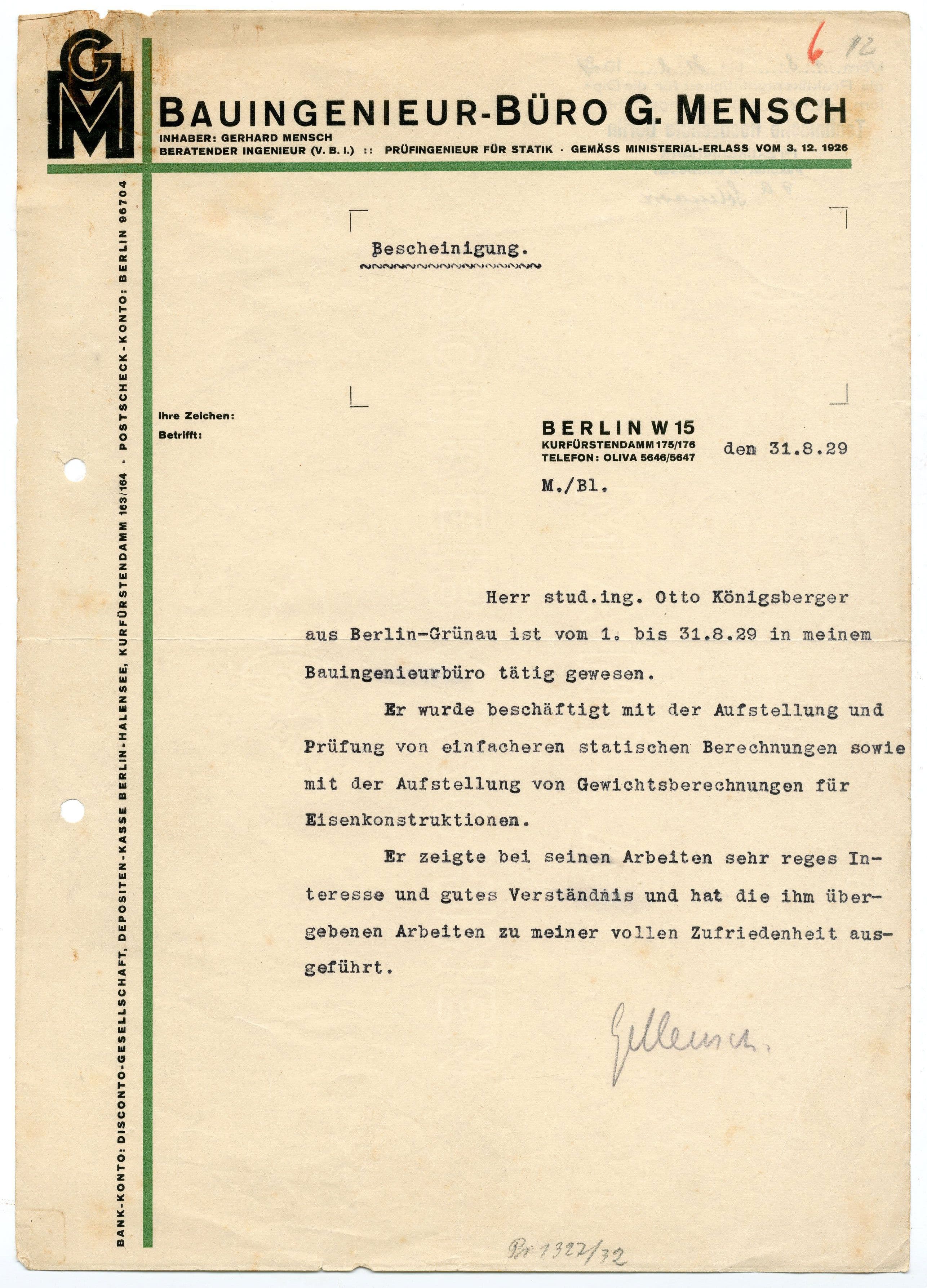 Otto Koenigsberger. Letter of recomendation for Otto Koenigberger from Bauingenieur-Buro G. Mensch, 1929. Credit: AA Archives: OK4