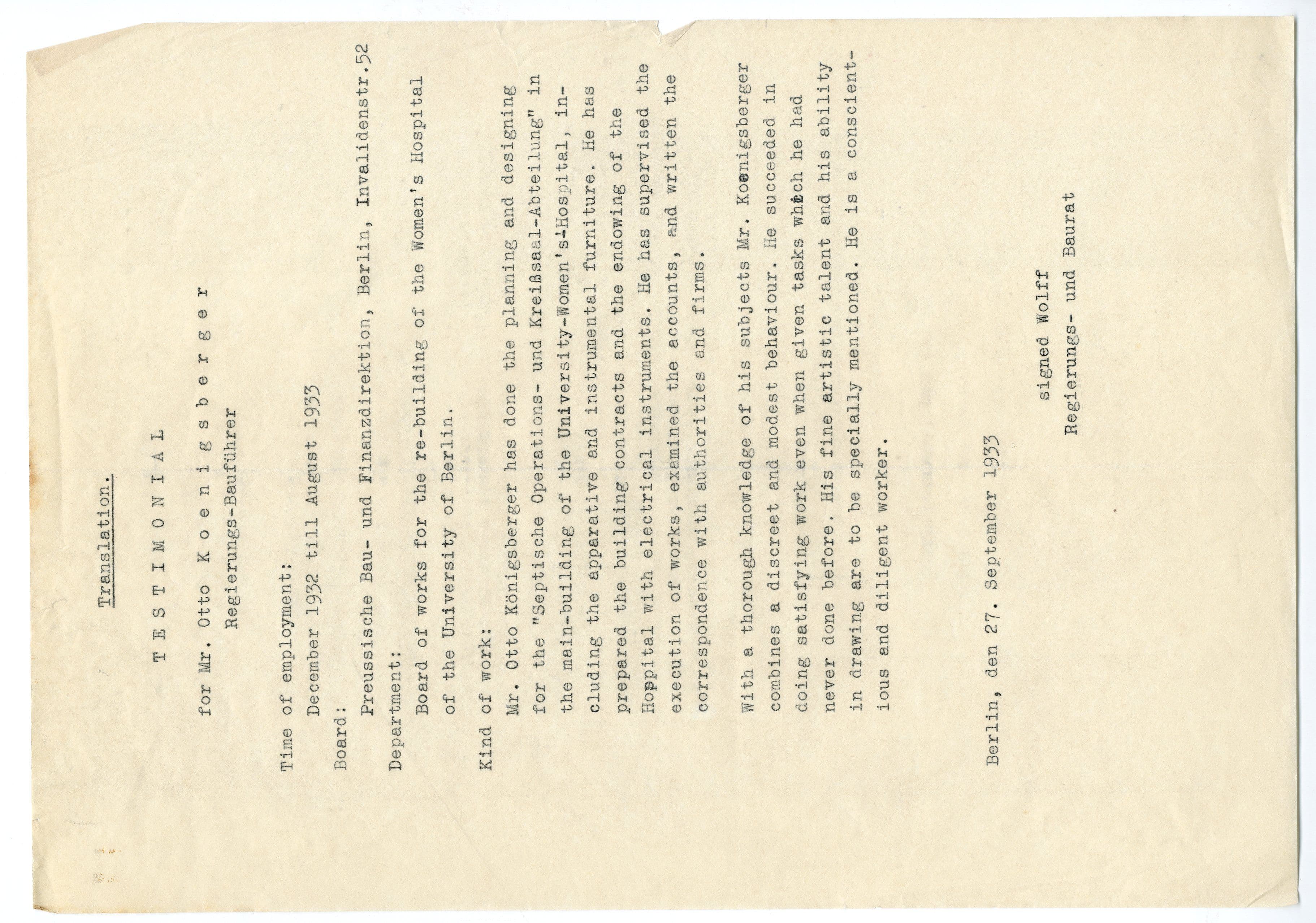 Otto Koenigsberger. Letter of recommendation for Otto Koenigsberger from Heinrich Wolff, September 1933. Credit: AA Archives: OK4