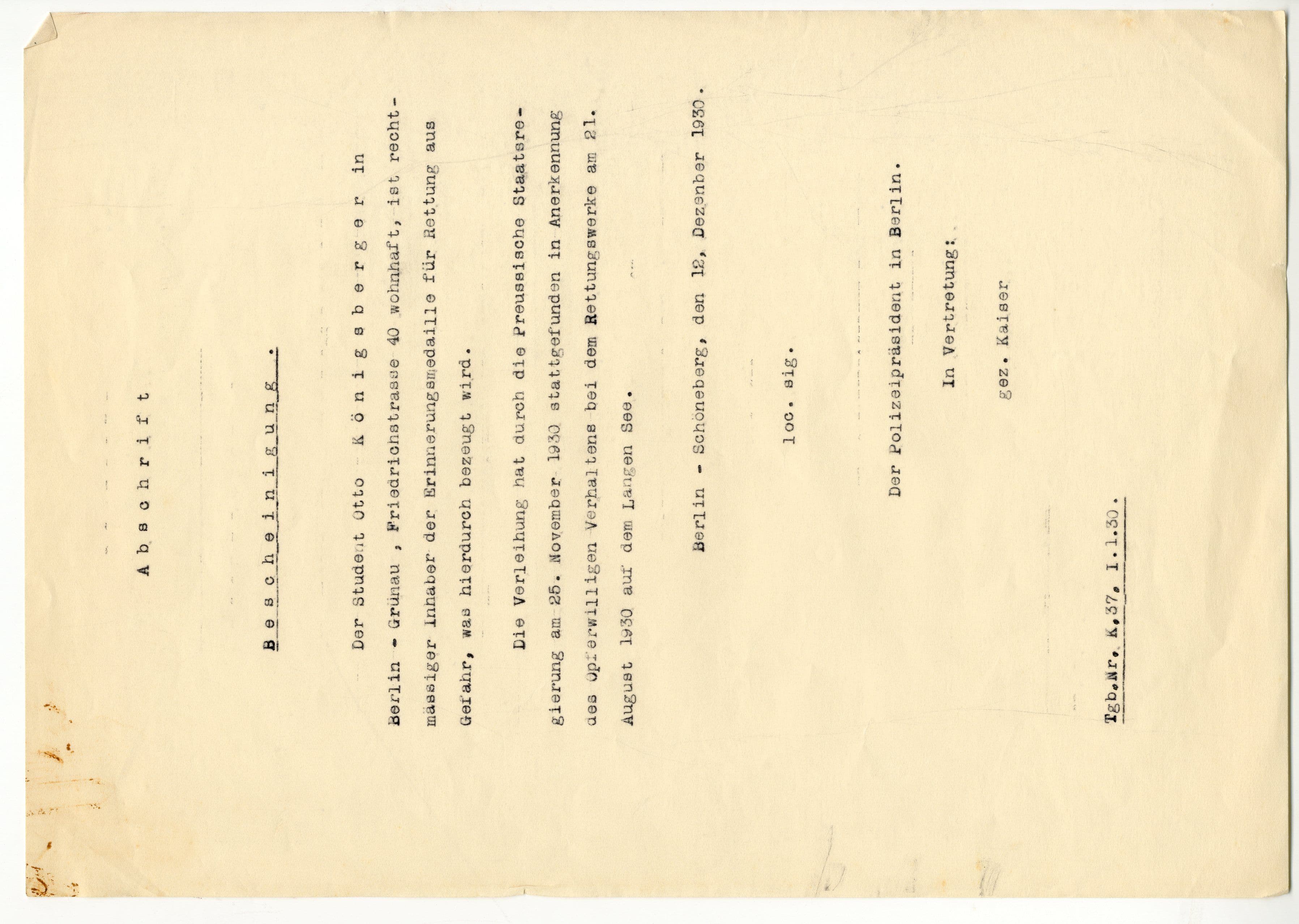 Otto Koenigsberger. Official note certifying award of the medal for 'Rettung Aus Gefahr' to Otto Koenigsberger, 1930. Credit: AA Archives: OK4