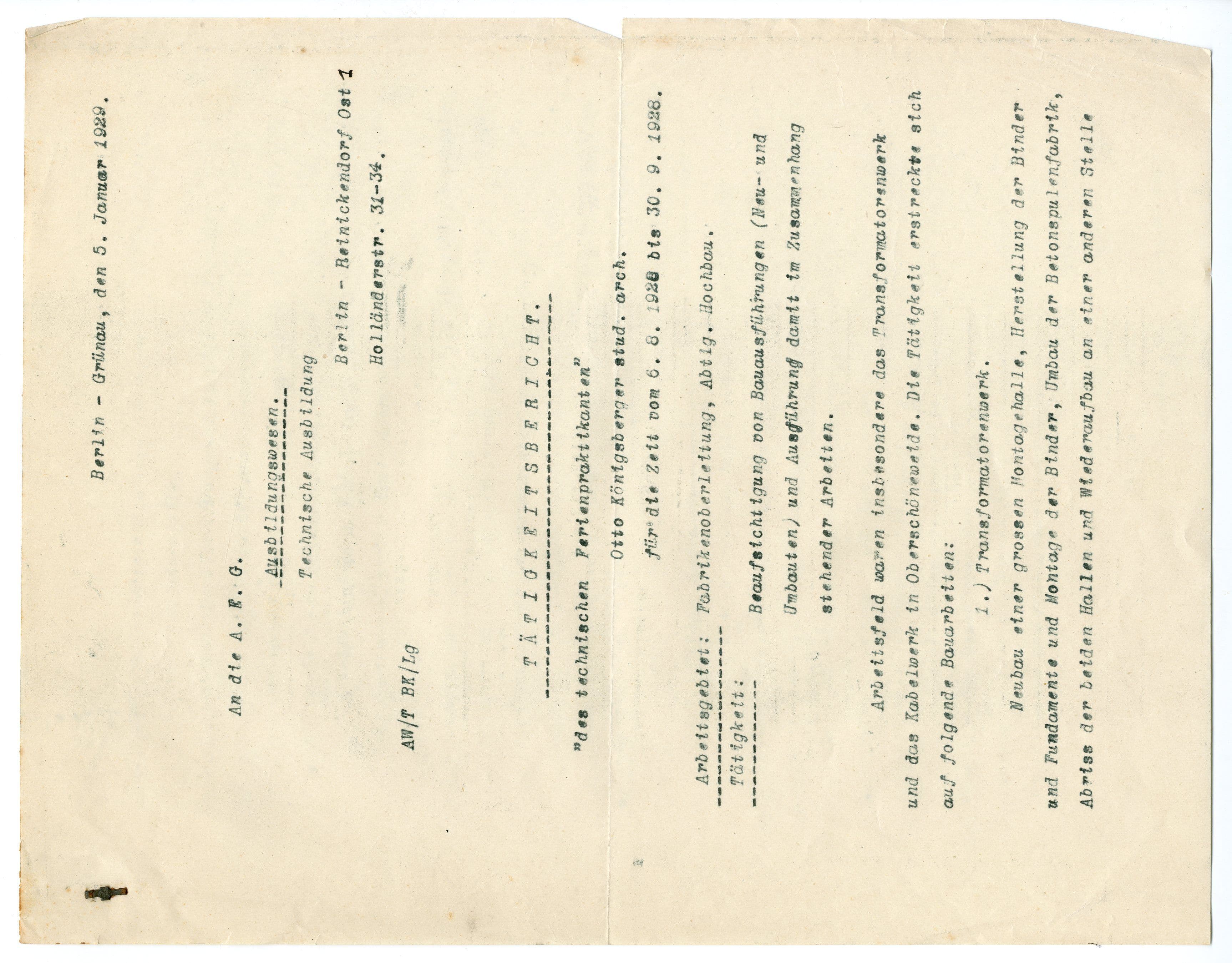 Otto Koenigsberger. Testimonial for Otto Koenigsberger's work as a summer intern with AEG, 1928. Credit: AA Archives: OK4