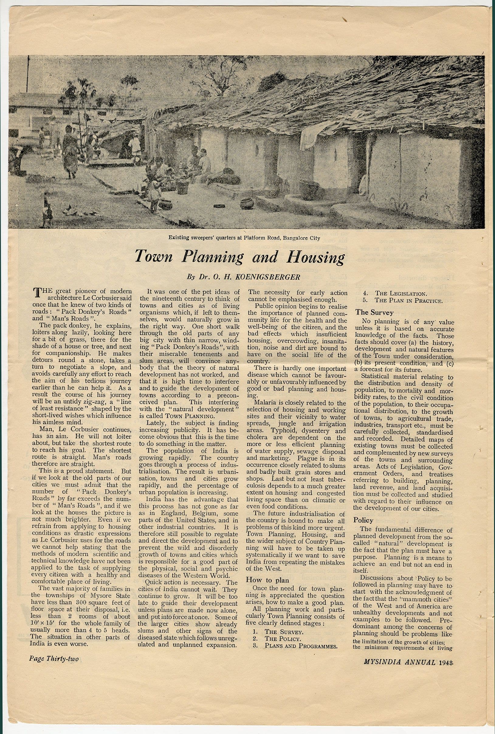 Otto Koenigsberger. 'Town Planning and Housing', article by Otto Koenigsberger, Mysindia Annual, 1948, pp32-33. Credit: AA Archives: OK4