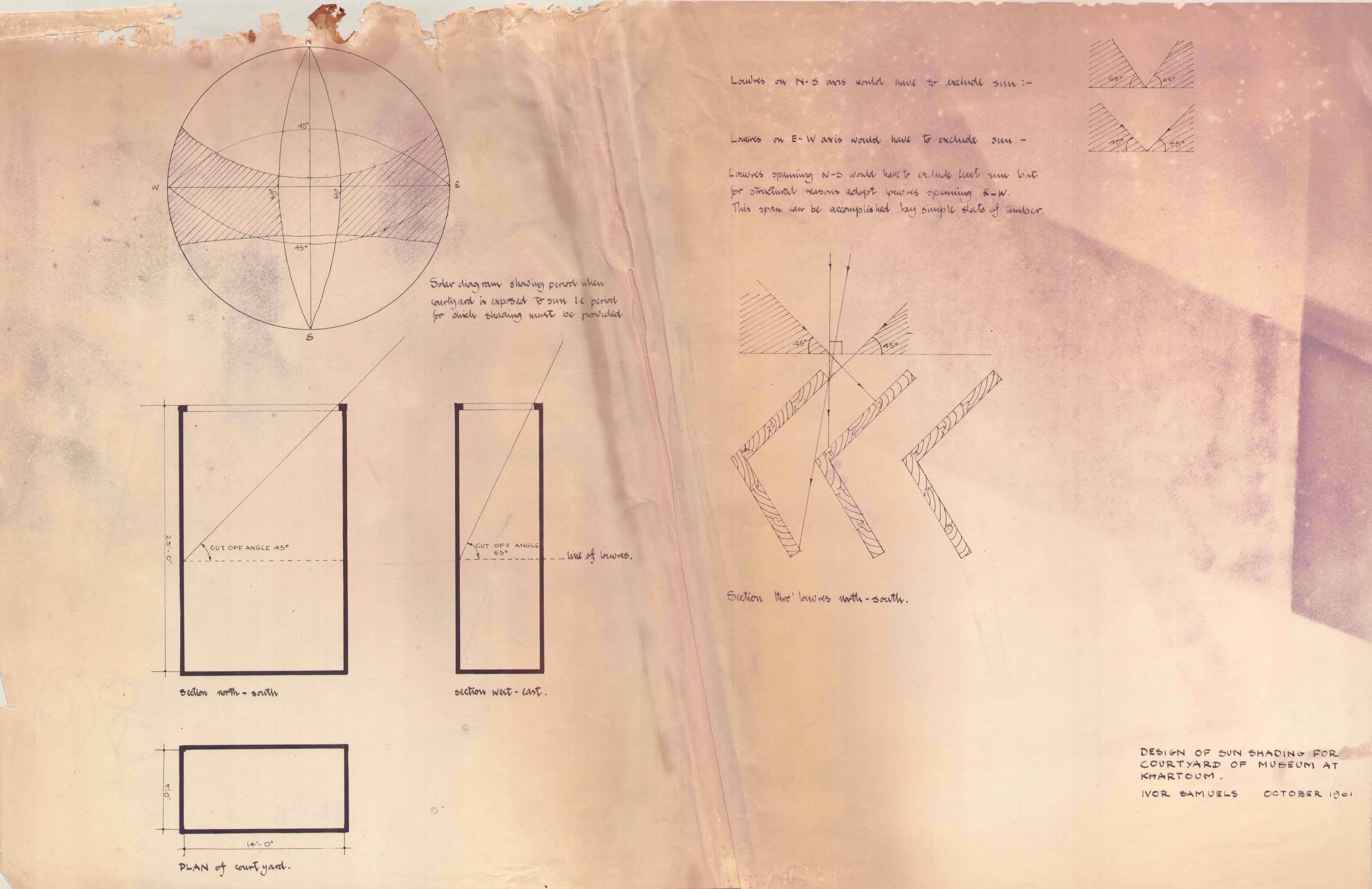 Old blueprint with technical drawings including circular diagrams, rectangles, and Hebrew text.