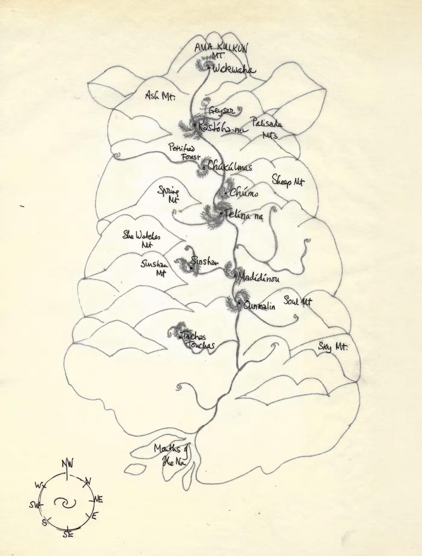 Talismanic map of the Valley, with place names, 1985, at The Word for World: The Maps of Ursula K Le Guin, 10 October to 6 December © Courtesy Ursula K Le Guin Foundation