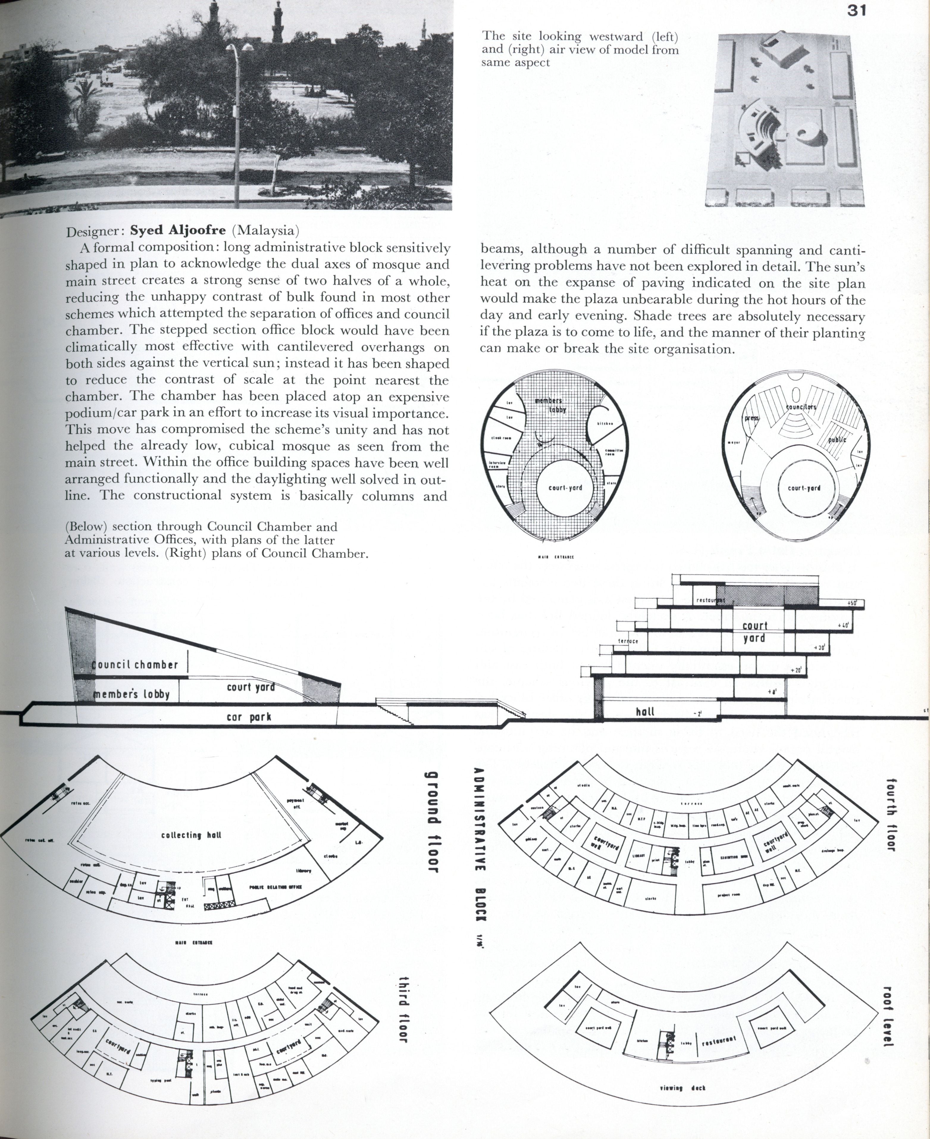 A detailed page displaying architectural plans, cross-sections, and a photo of modern curved structures.