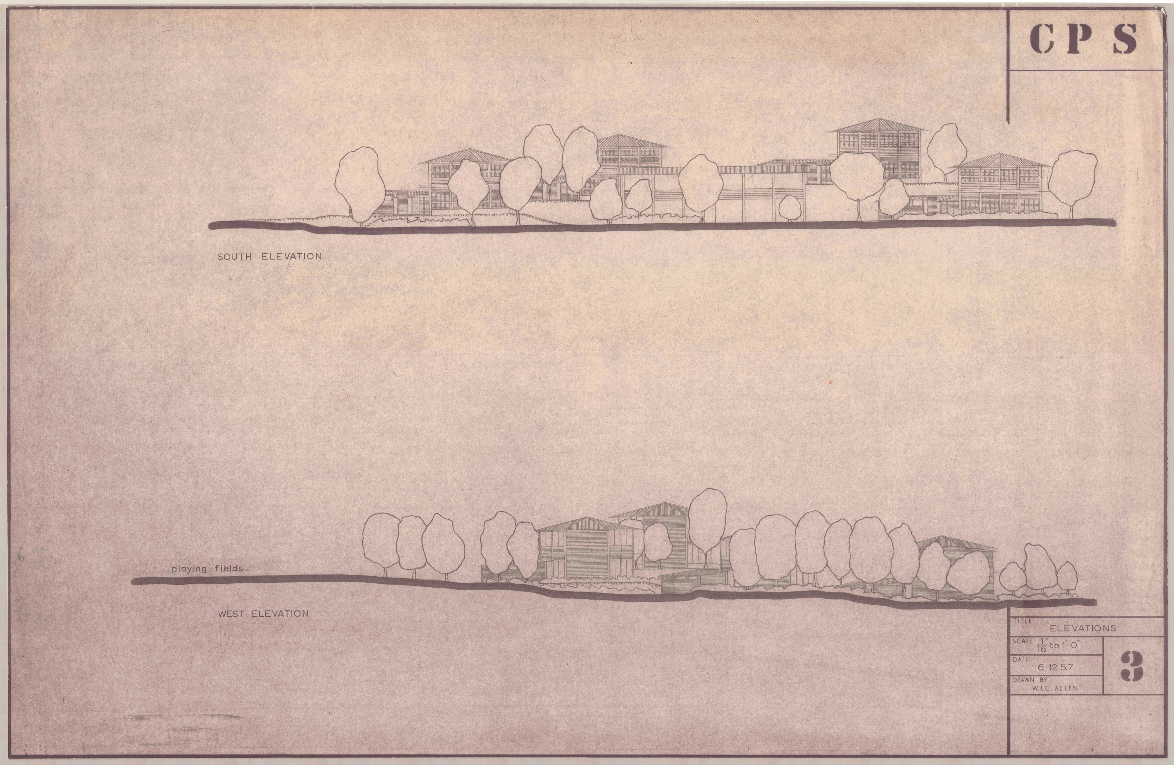 Architectural drawing showing two elevations of buildings nestled within a line of trees.