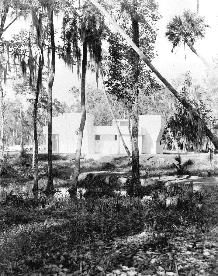 A white building with arched entrances is visible through trees and dense foliage.
