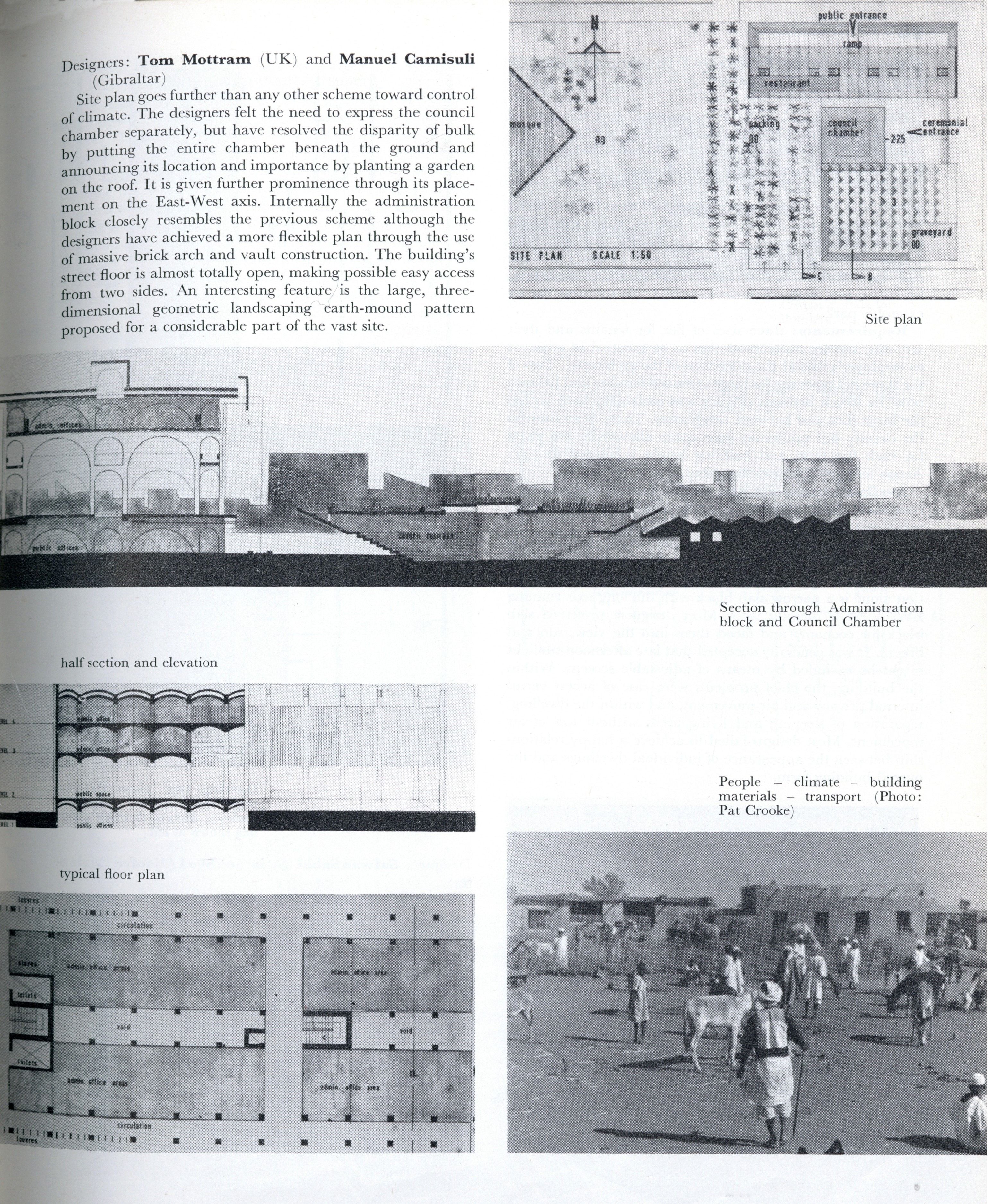 A page featuring architectural plans, elevations, and a black and white photograph of people.