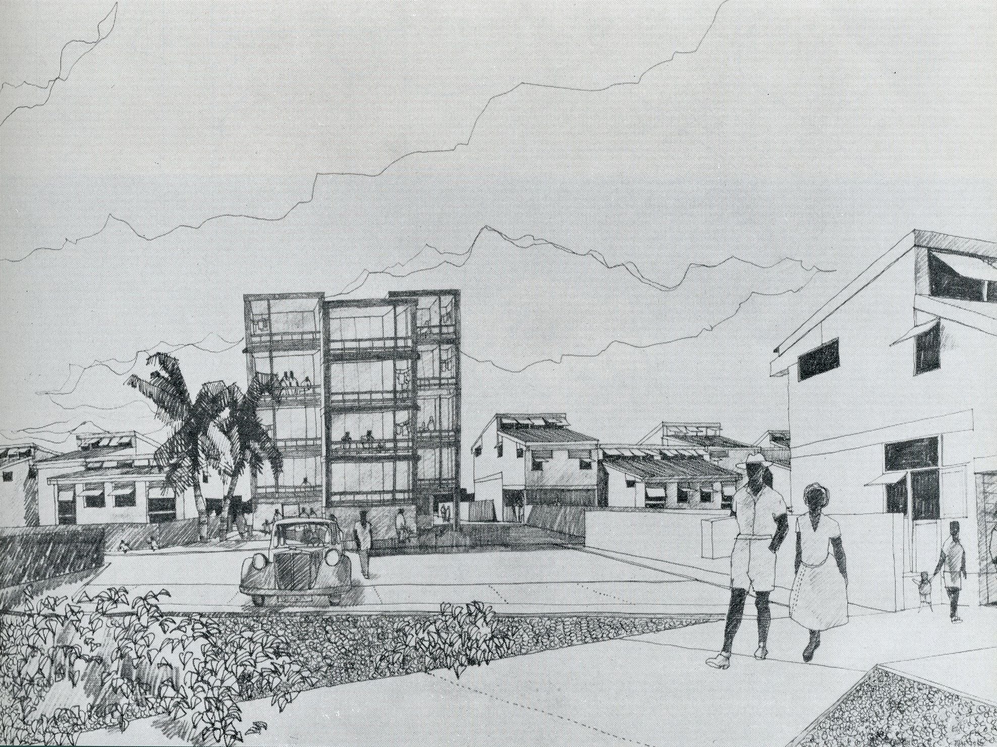 Architectural drawing of a modern building with people and palm trees in foreground.
