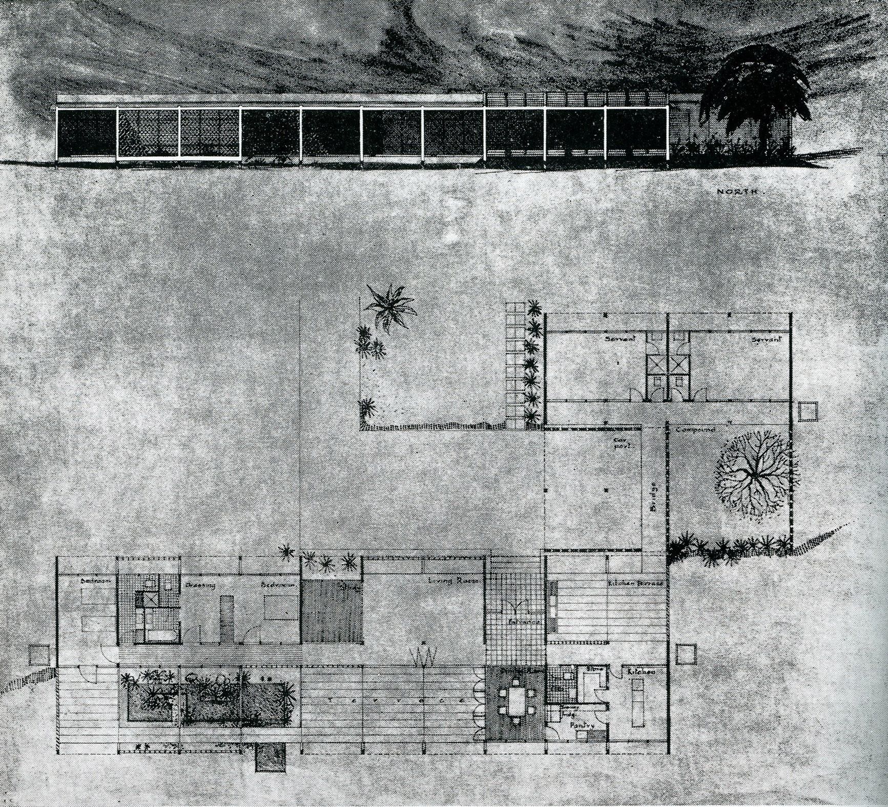 William Gillitt, 'House for a senior officer, Gold Coast,' AA Department of Tropical Architecture, Autumn  Term, 1954. Elevation and plan. AA Archives