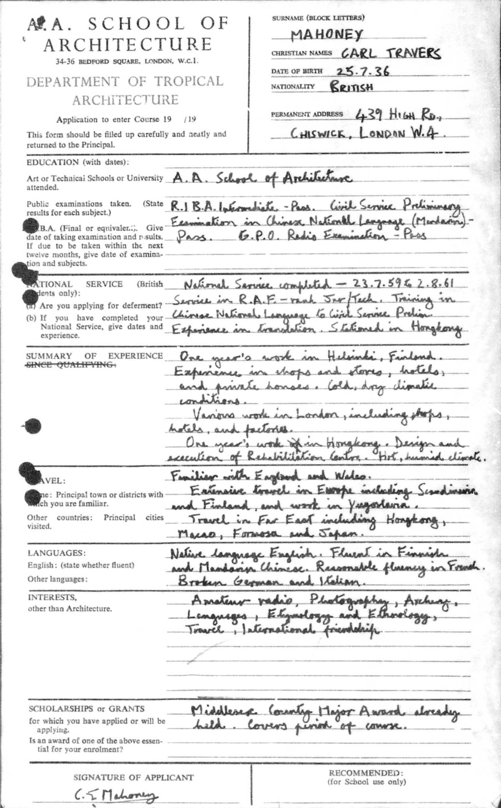 Department of Tropical Studies Admission Form, Carl Mahoney, 1962. AA Archives