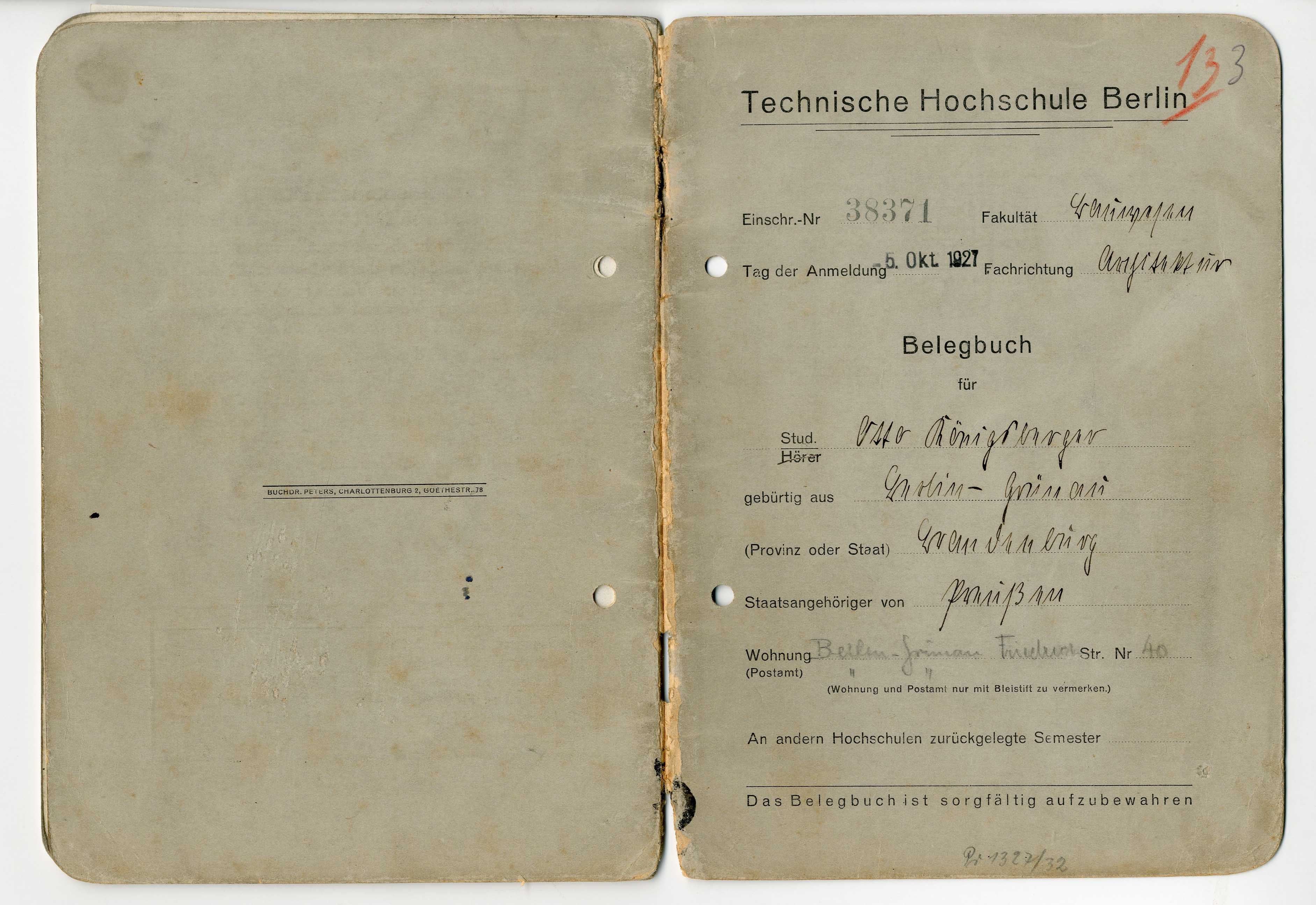 Otto Koenigsberger. Belegbuch for Otto Koenigsberger, Technische Hochschule, Berlin, 1927-1929. Credit: AA Archives: OK4