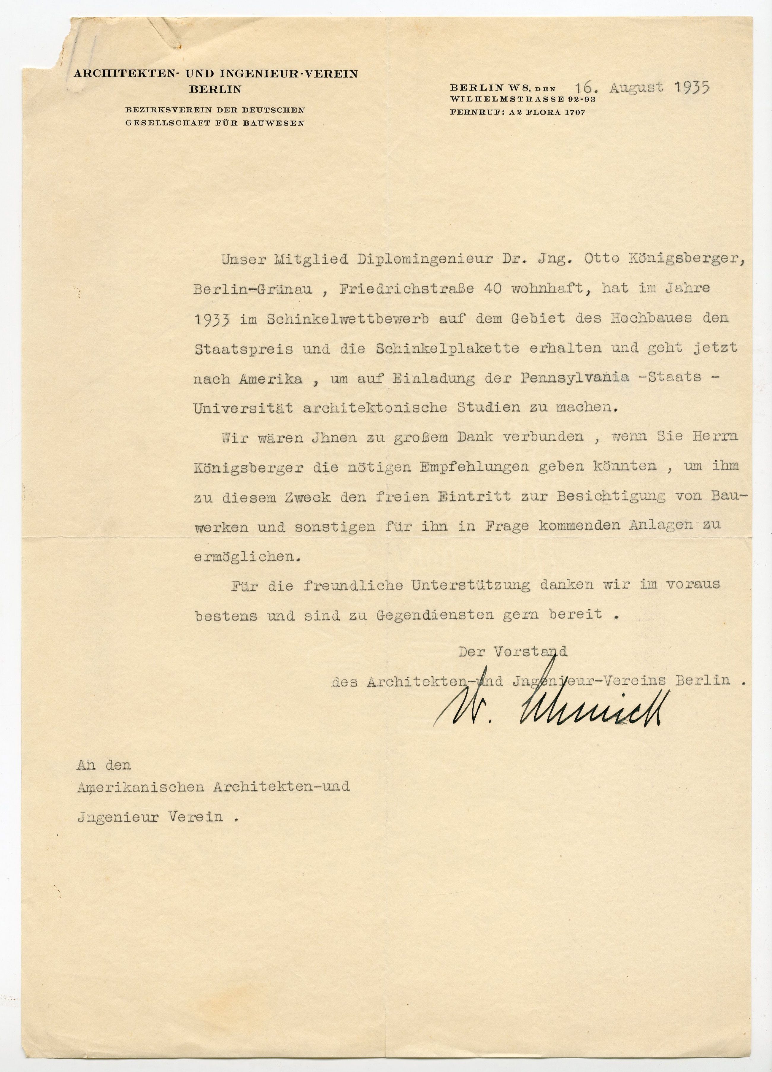 Otto Koenigsberger. Letter of introduction to Otto Koenigsberger, from the board of diretors the Architekten-Und Ingenieur-Verein, 1935. The letter states Koenigsberger's background and requests assistance and admission to buildings and facilities. Credit: AA Archives: OK4