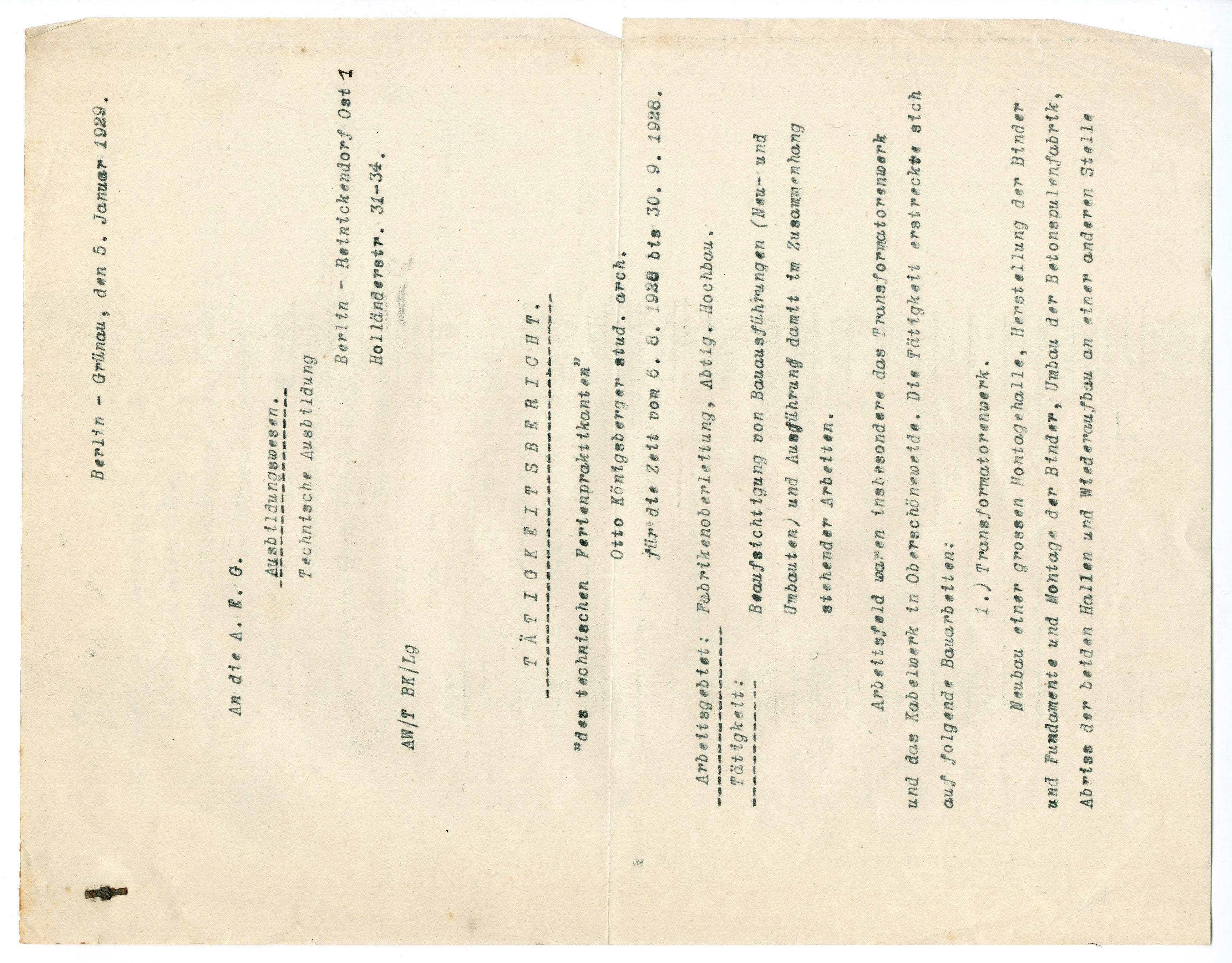 Otto Koenigsberger. Testimonial for Otto Koenigsberger's work as a summer intern with AEG, 1928. Credit: AA Archives: OK4