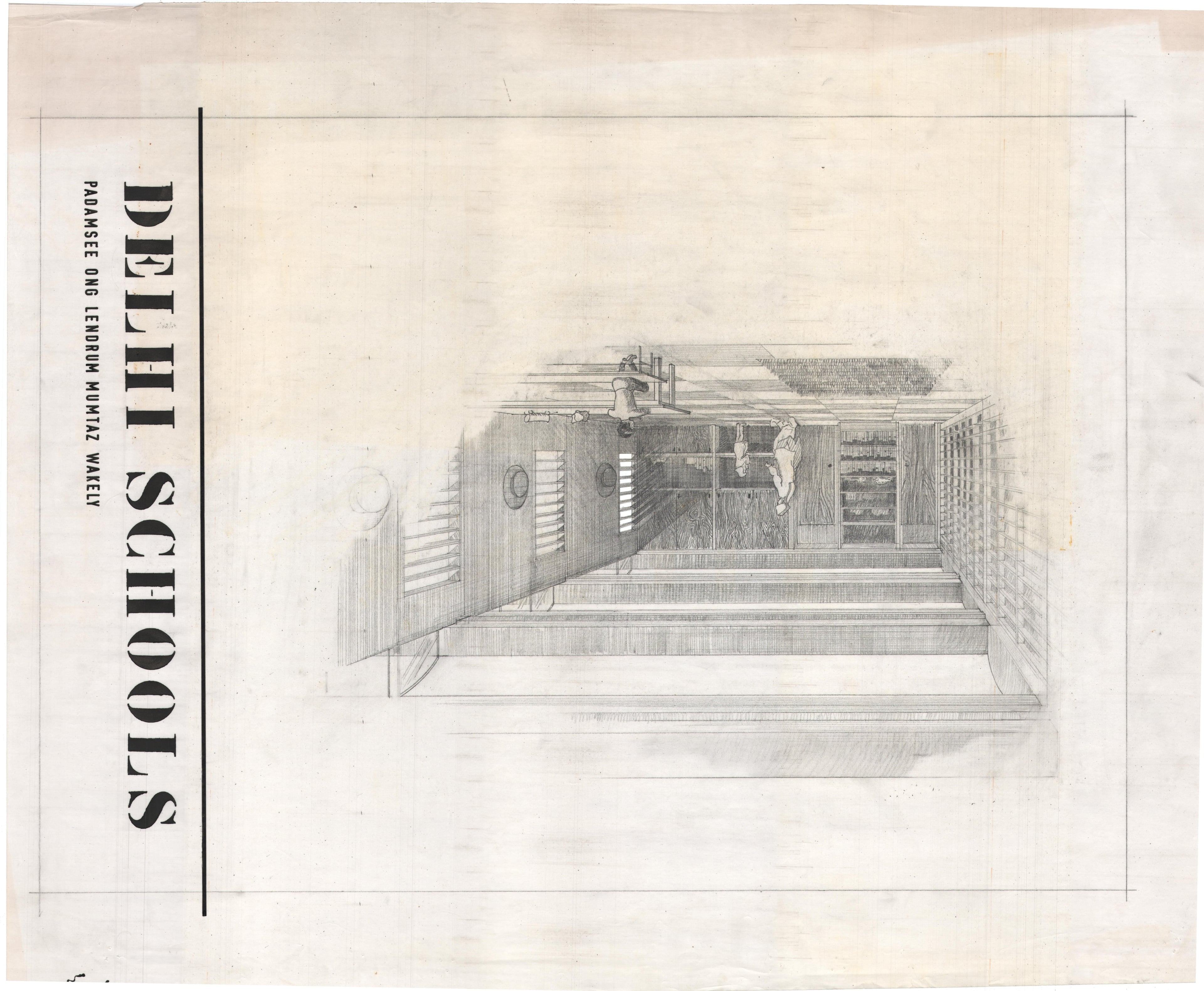 Interior perspective for a joint project for a school in Delhi, by Cho Padamsee, C.B. Ong, P. Wakely, J. Lendrum  and K.K. Mumtaz. Department of Tropical Studies, 1963