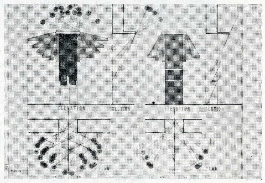 Detailed architectural blueprints illustrate four technical views of an innovative winged design.
