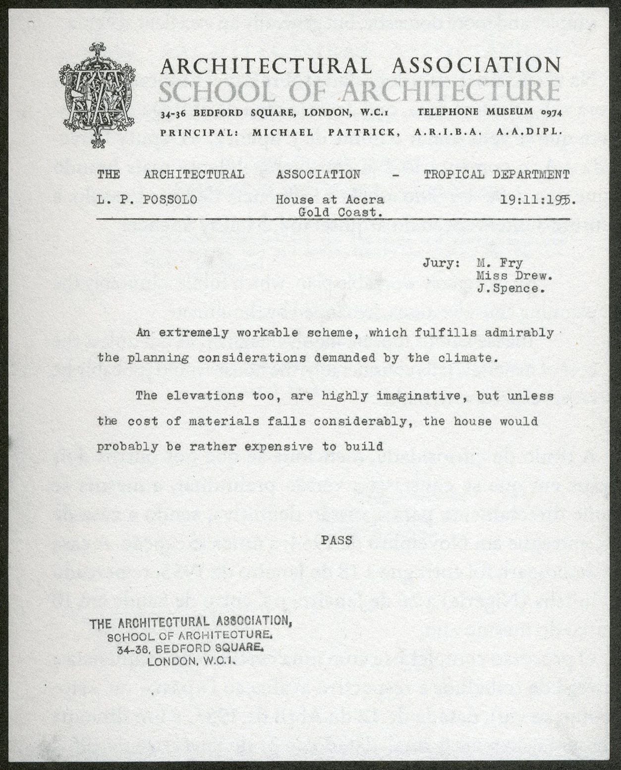 Jury Report for Luis Possolo's 'House on Gold Coast, Accra' project for the AA Department of Tropical Architecture, 19th November, 1955.
