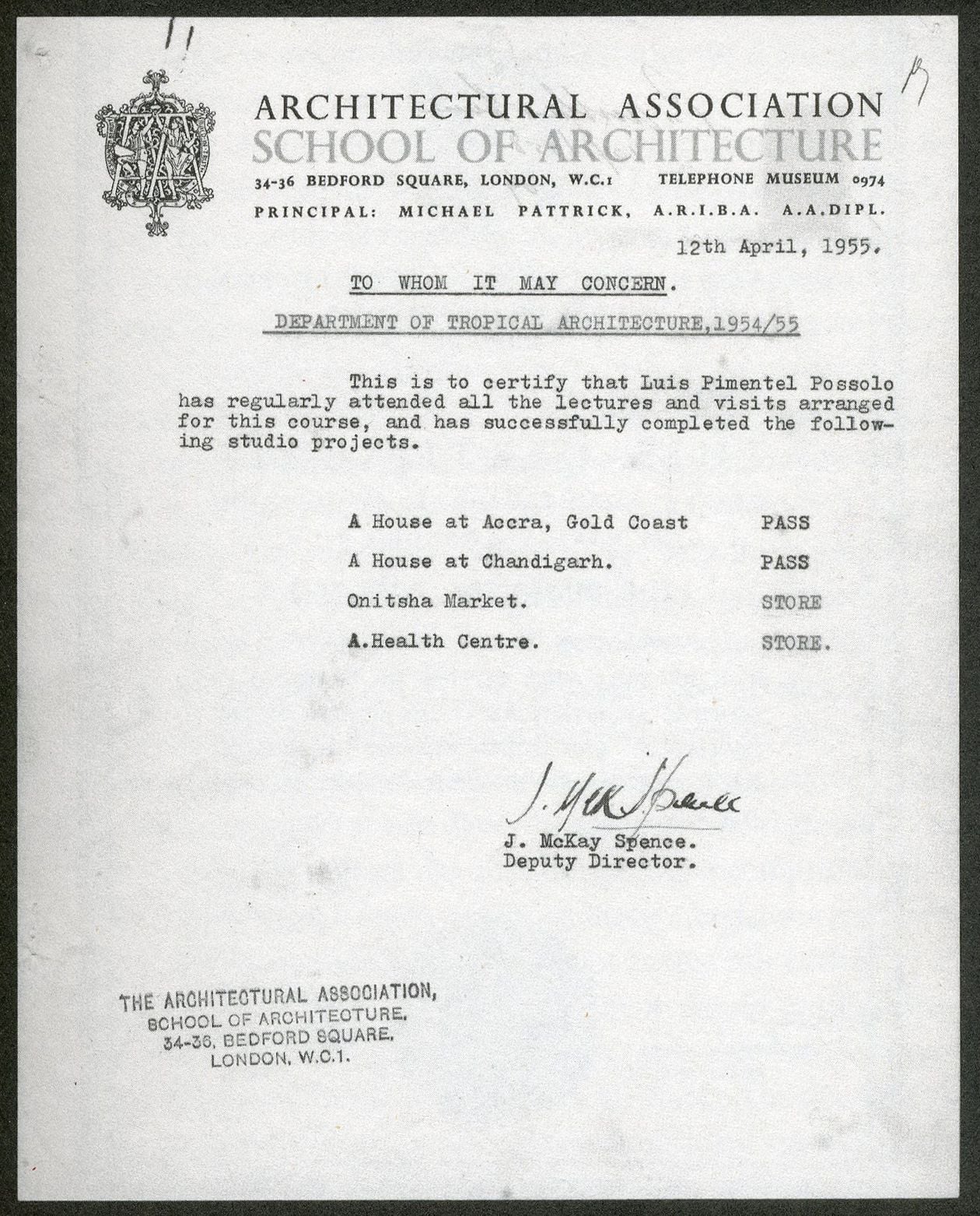 Academic transcript: Luis Possolo's, AA Department of Tropical Architecture, 1955-56