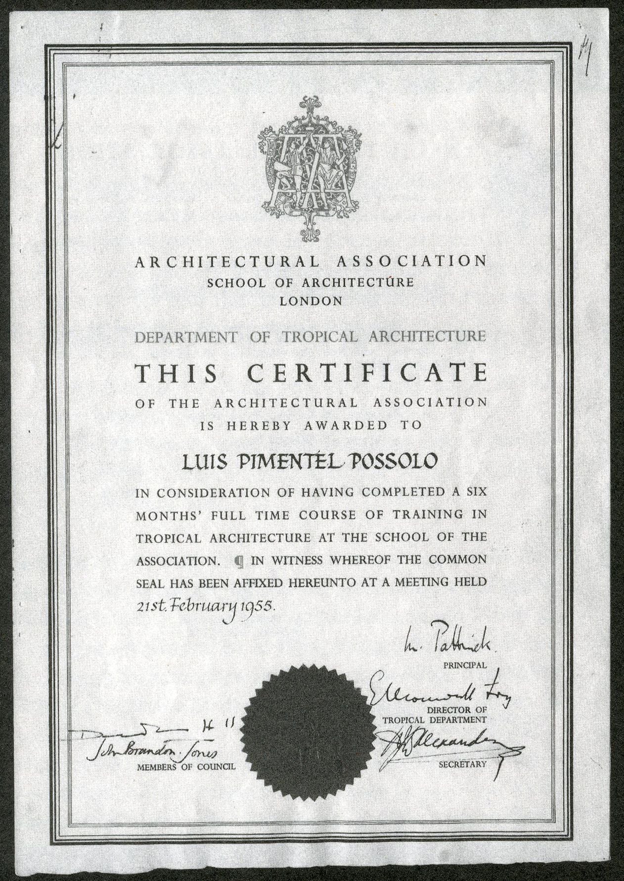 Graduation Certificate for Luis Possolo, AA Department of Tropical Architecture, 1955