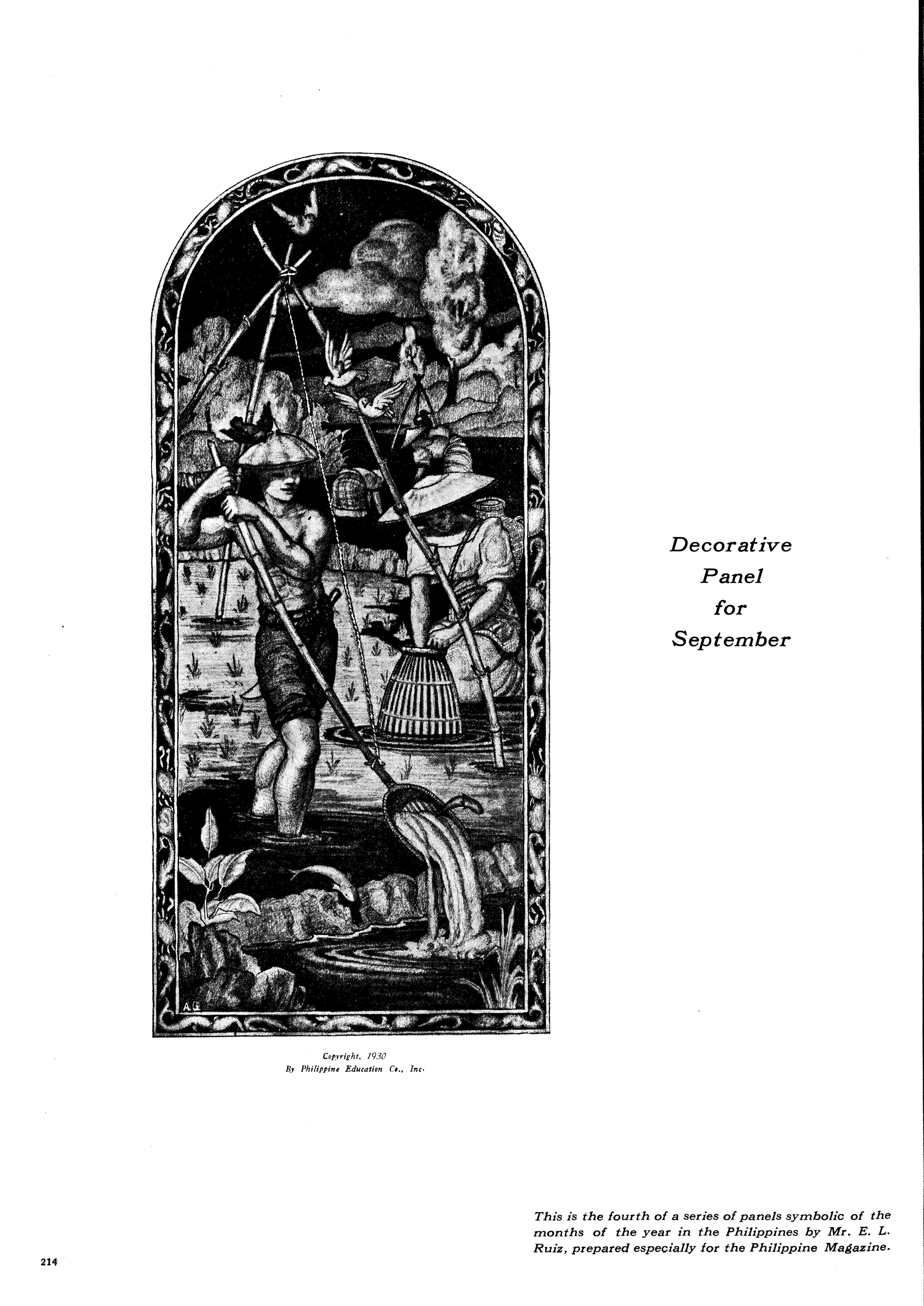 Medieval illustration of a group of figures engaged in harvest work with tools and produce.