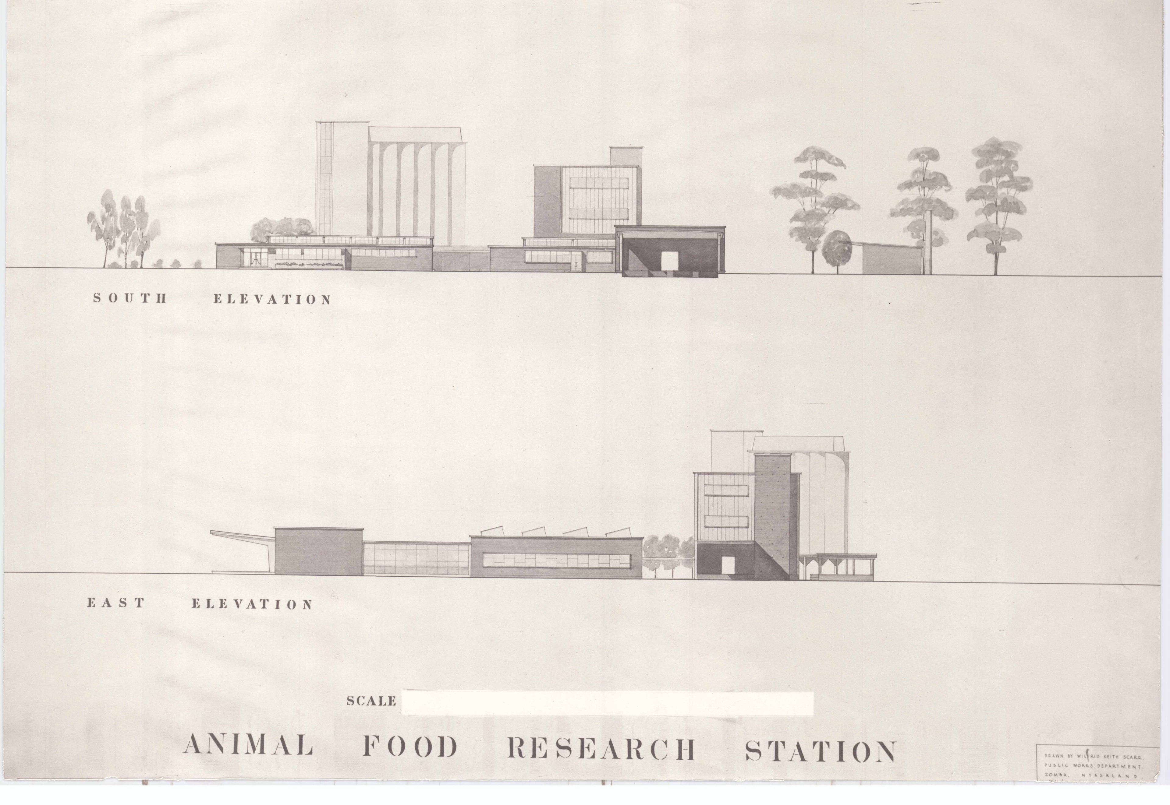 Architectural drawing of the Animal Food Research Station, showing front and base elevations.
