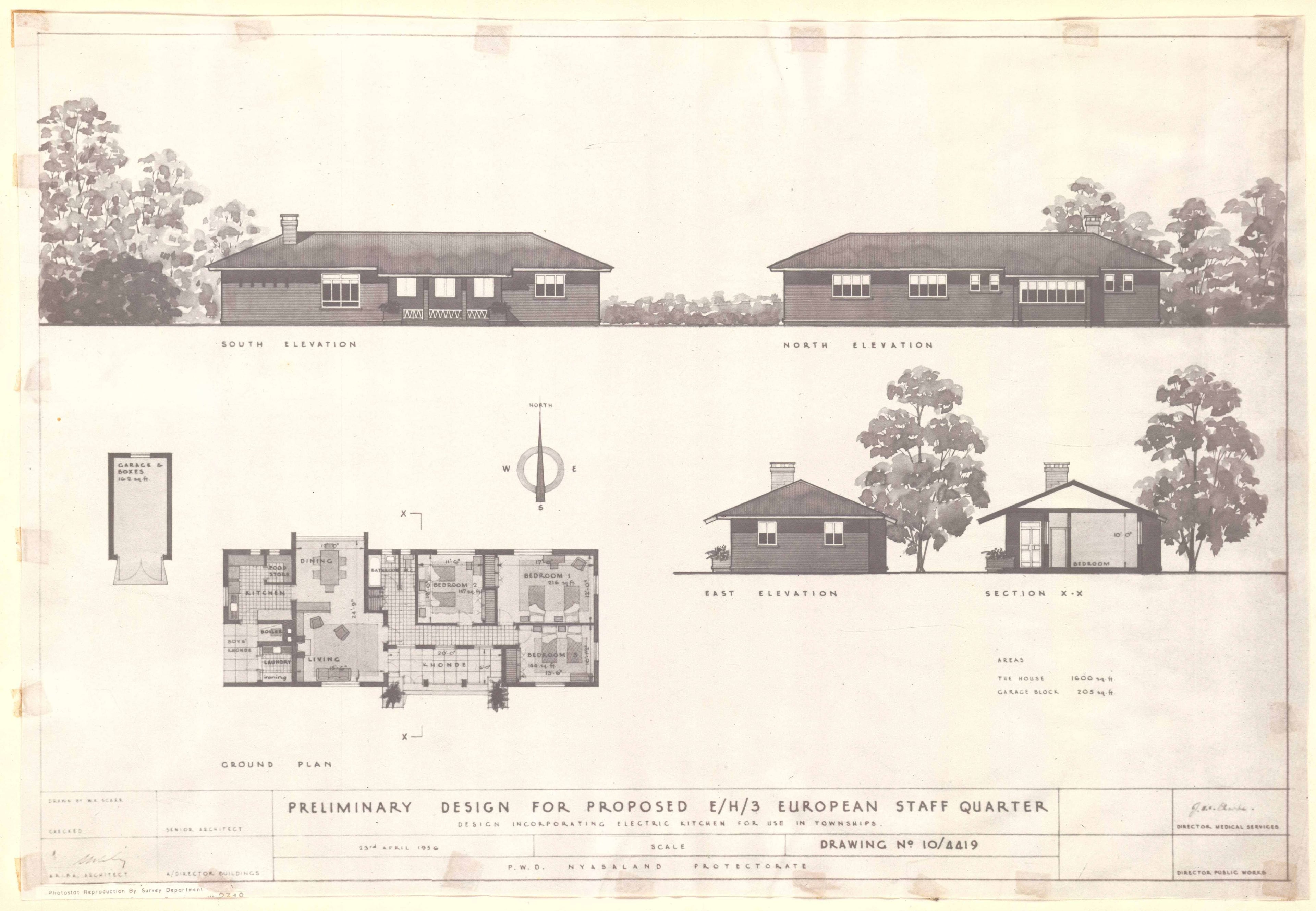 Architectural drawing showing elevations and floor plan of a low-rise building with trees.