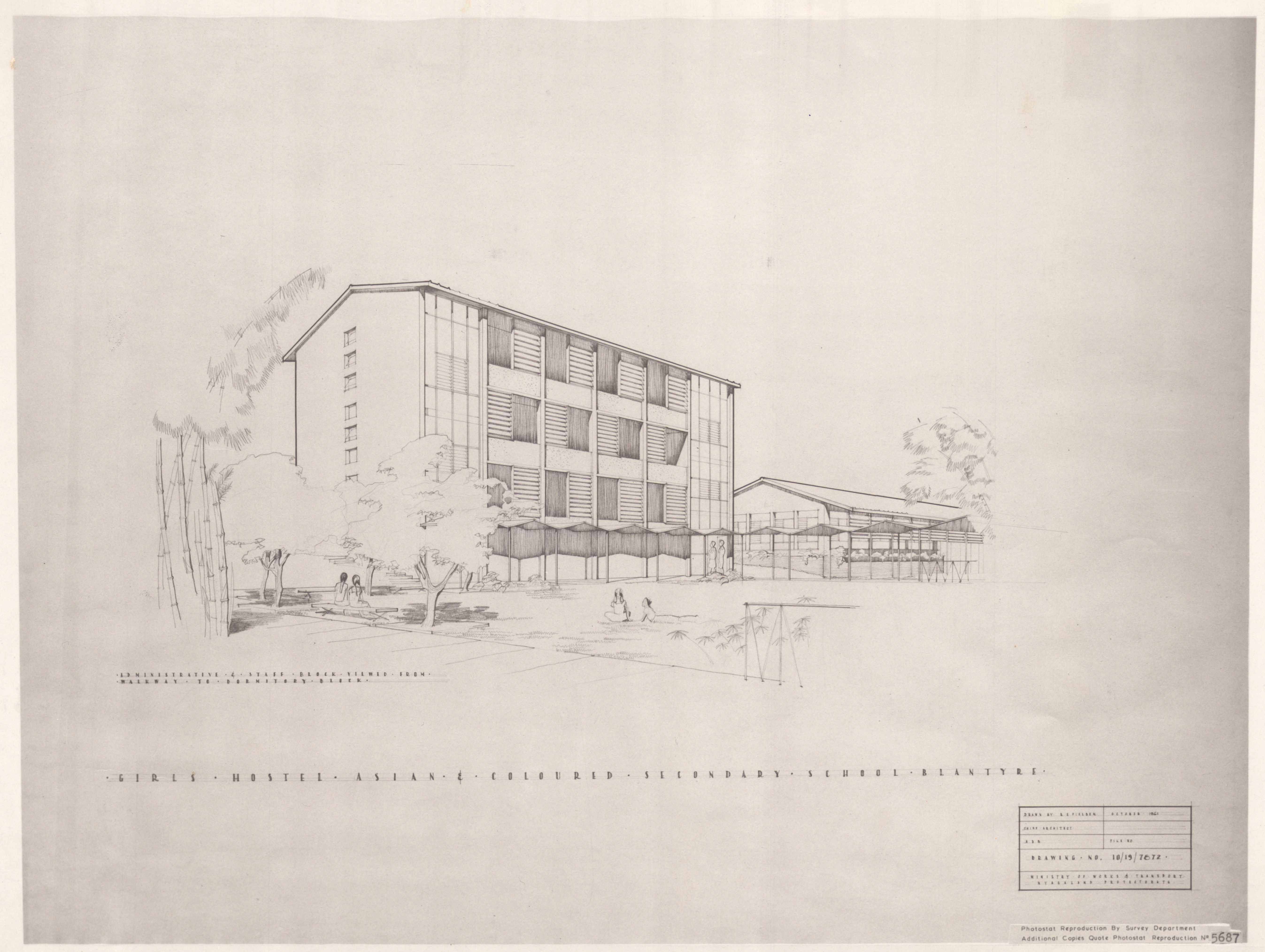 Architectural drawing of a multi-story building with a sloped roof and many windows, surrounded by trees and a few figures.