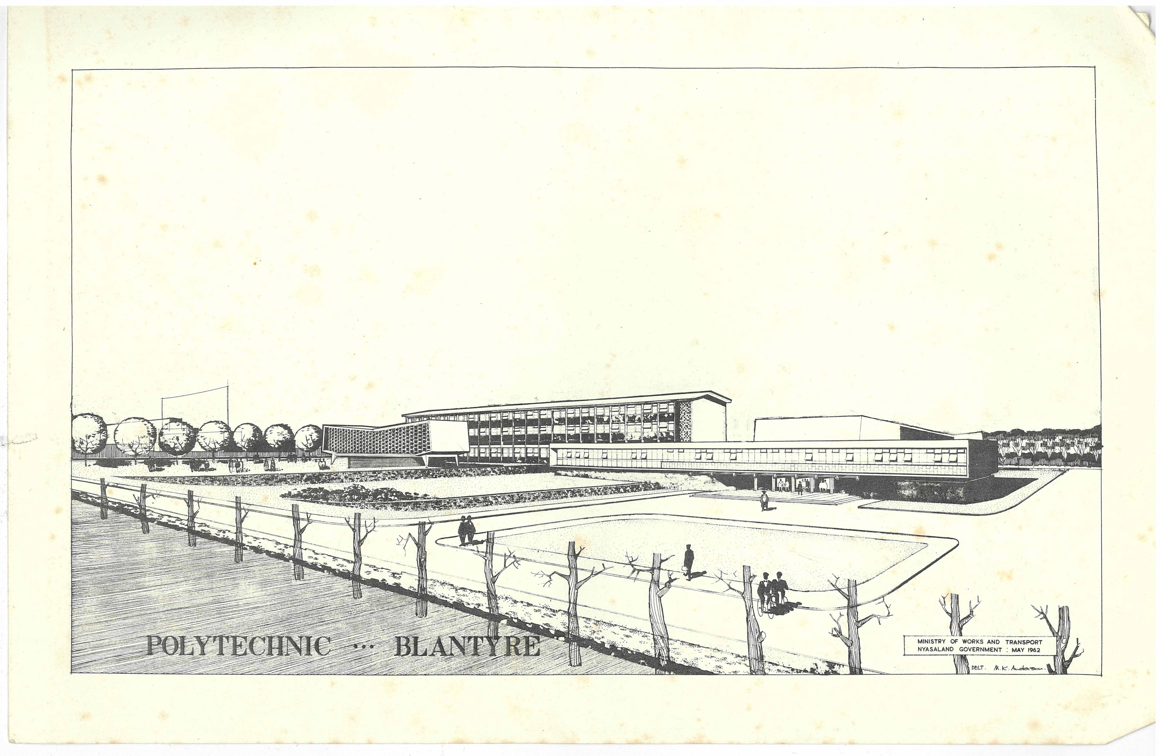 Architectural drawing of the Polytechnic Blancarde building with a walkway and surrounding landscape.