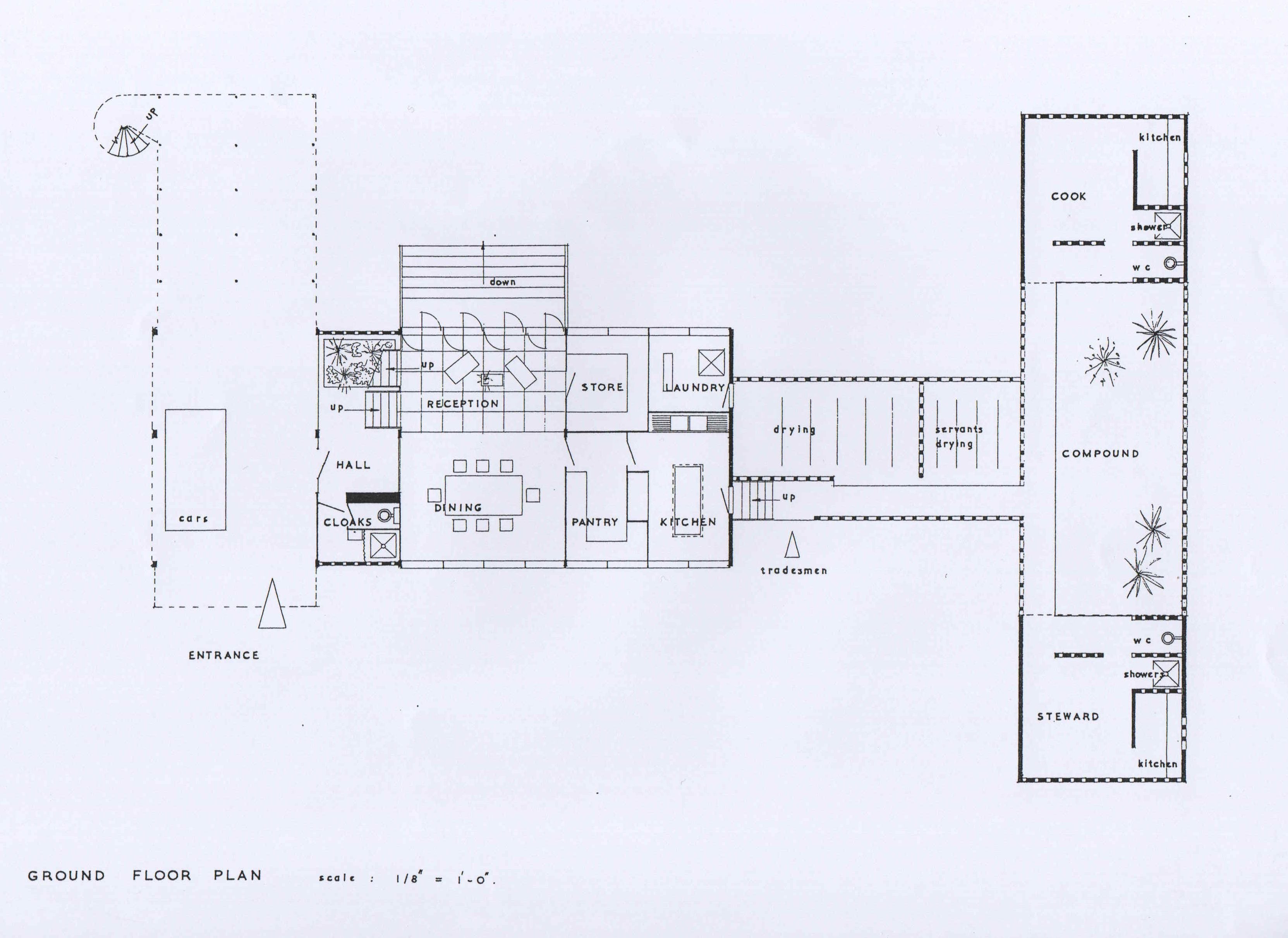 John Steerwood, 'Official's House, Accra, Gold Coast', AA Department of Tropical Architecture, 1954-55. Ground floor plan.