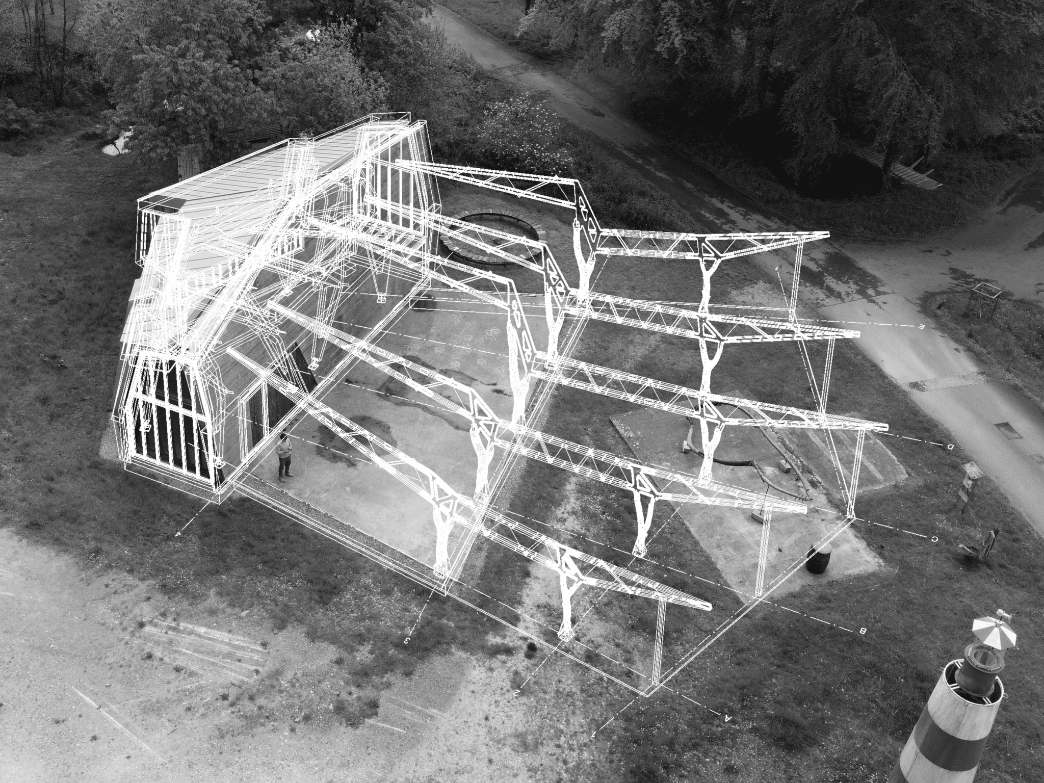 Aerial view of architectural render of a structure with complex timber trusses in a woodland setting.