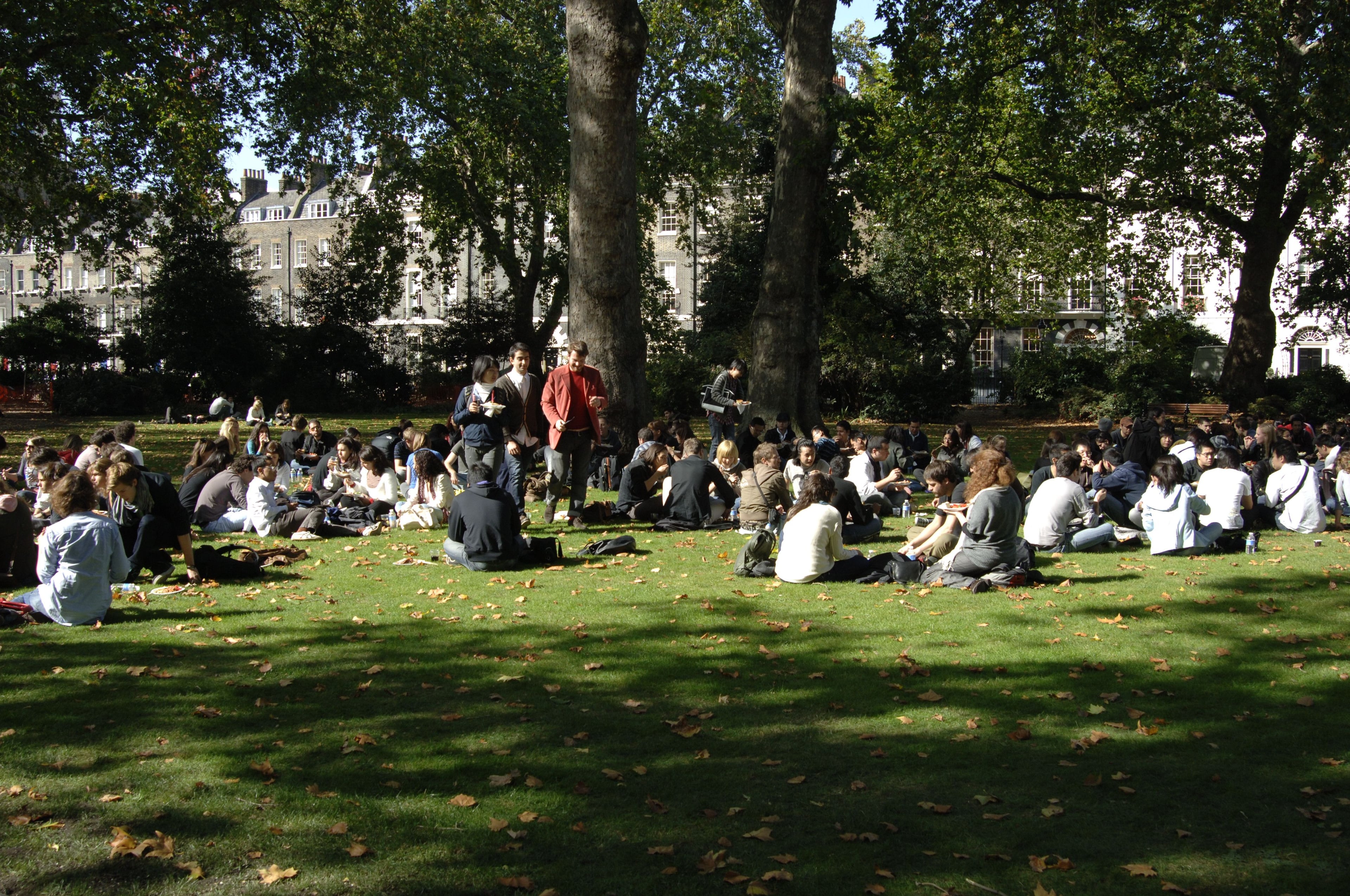 Students sitting in a park in front of the AA on a spring day.