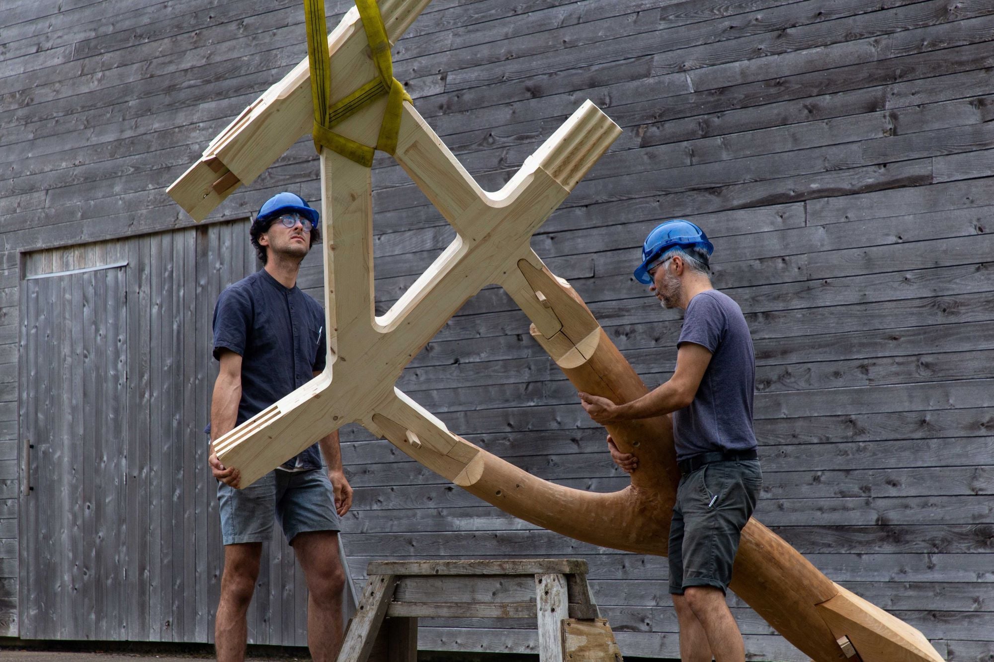 Two men in hard hats assemble a large wooden structure combining laminated timber with an unprocessed tree fork