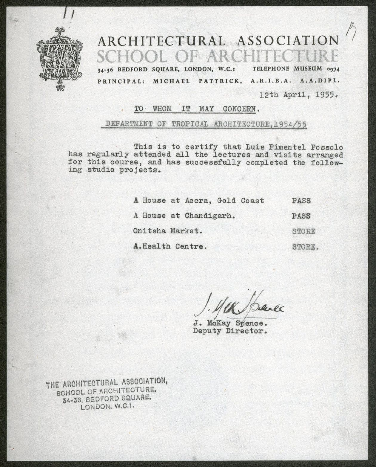 Academic transcript: Luis Possolo's, AA Department of Tropical Architecture, 1955-56