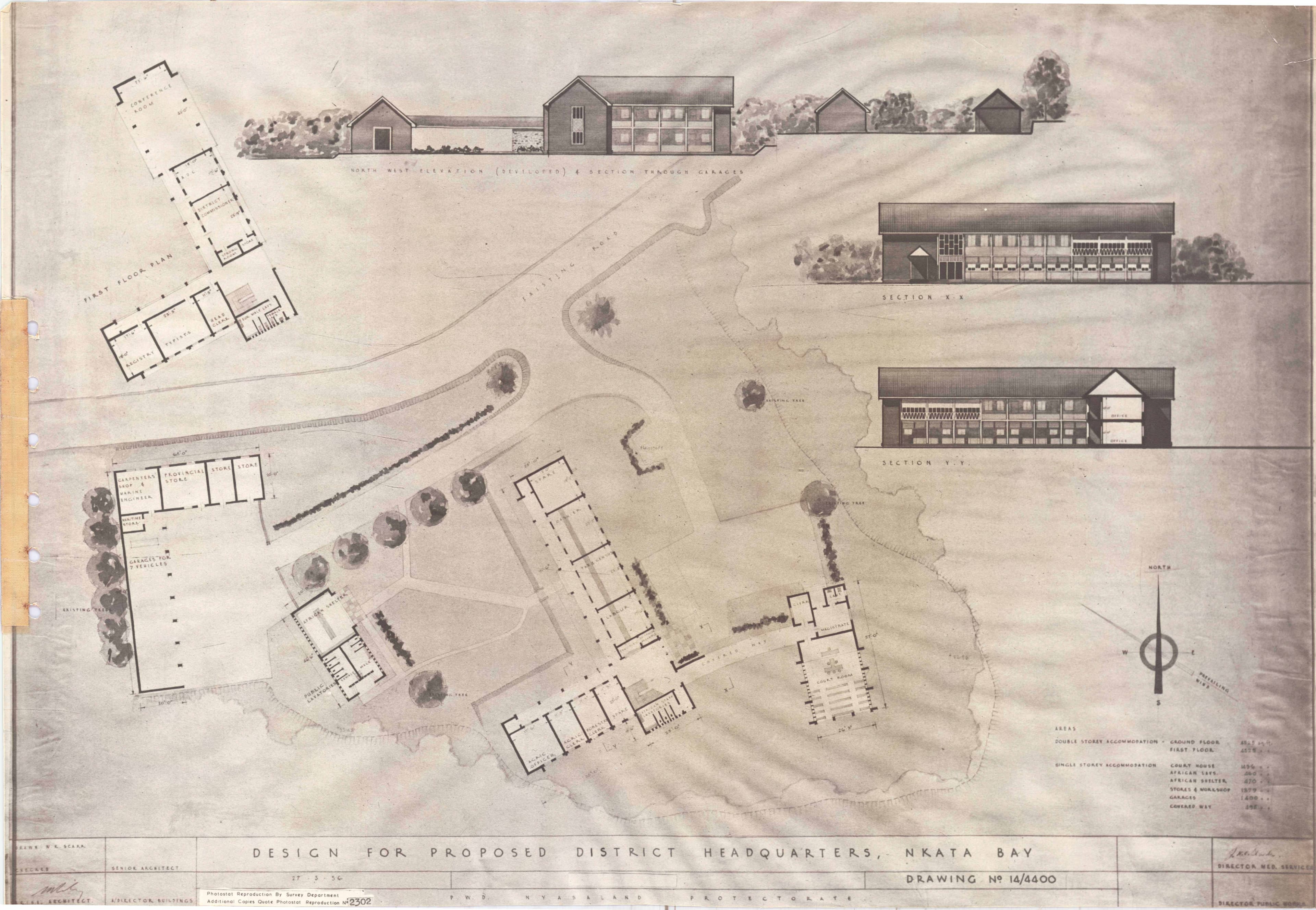 Architectural drawing showing site plan and elevations of buildings with landscaping.