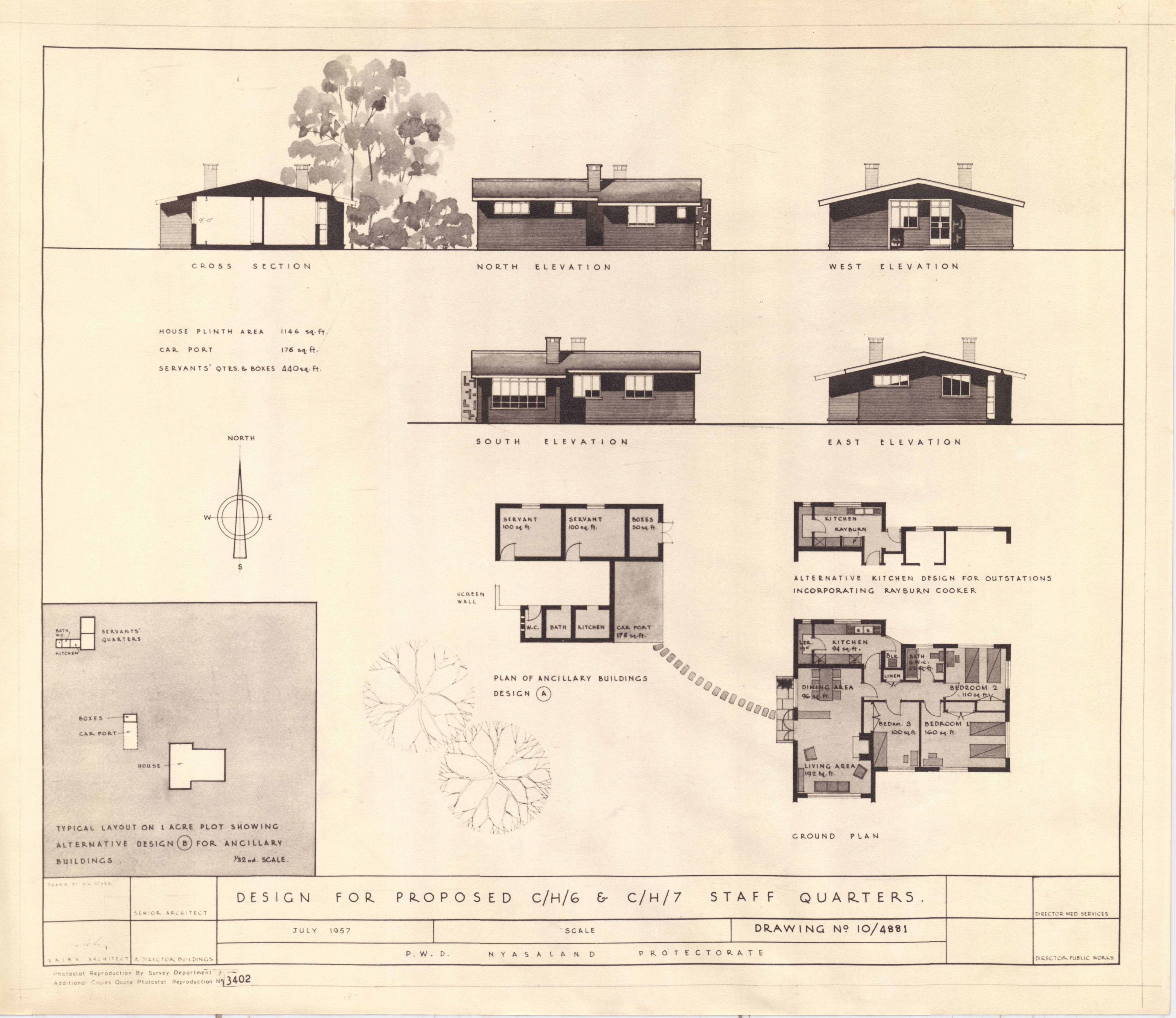 Architectural drawings of a single-story house with various elevations, floor plans, and site layout.
