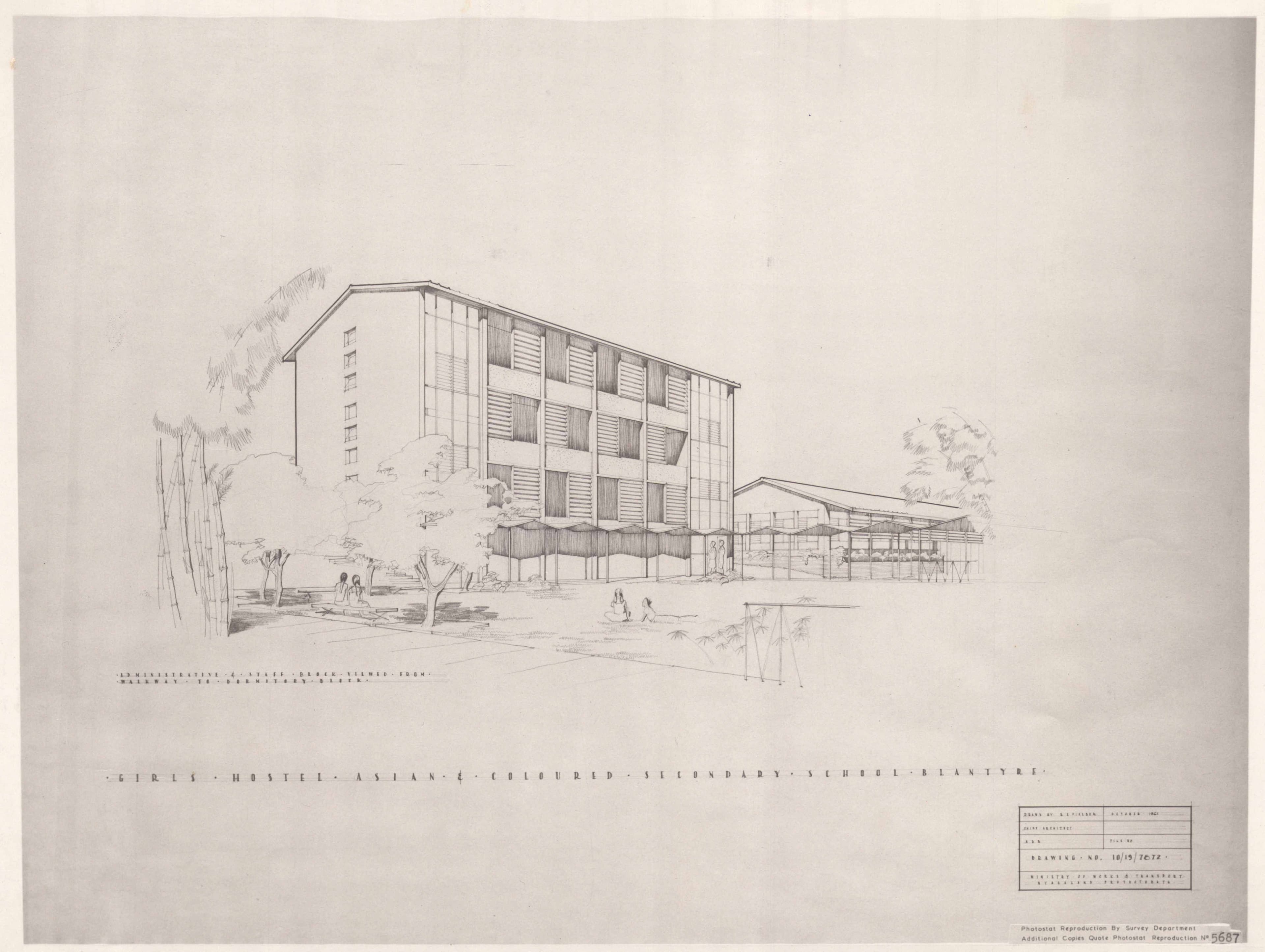 Architectural drawing of a multi-story building with a sloped roof and many windows, surrounded by trees and a few figures.